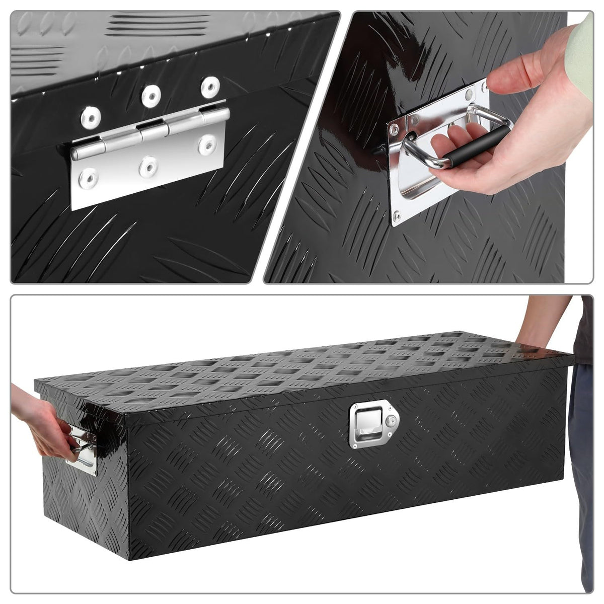 DNA MOTORING Aluminum Lockable Storage Box, Trailer Tongue & Truck Bed Tool Box w/Keys & Side Handle, Black Organizer w/Diamond Tread Pattern, 39"L x 13.3"W x 10"H, TBOX-T5-004-BK