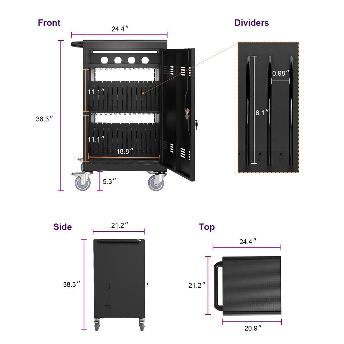 30-Device Mobile Charging Cart with Charging Power Strip and Front and Rear Access Locks, Cable Management, Up to 16.3", Safe Charging Cabinet for Ipads, Chromebooks, Tablets, Laptops Black