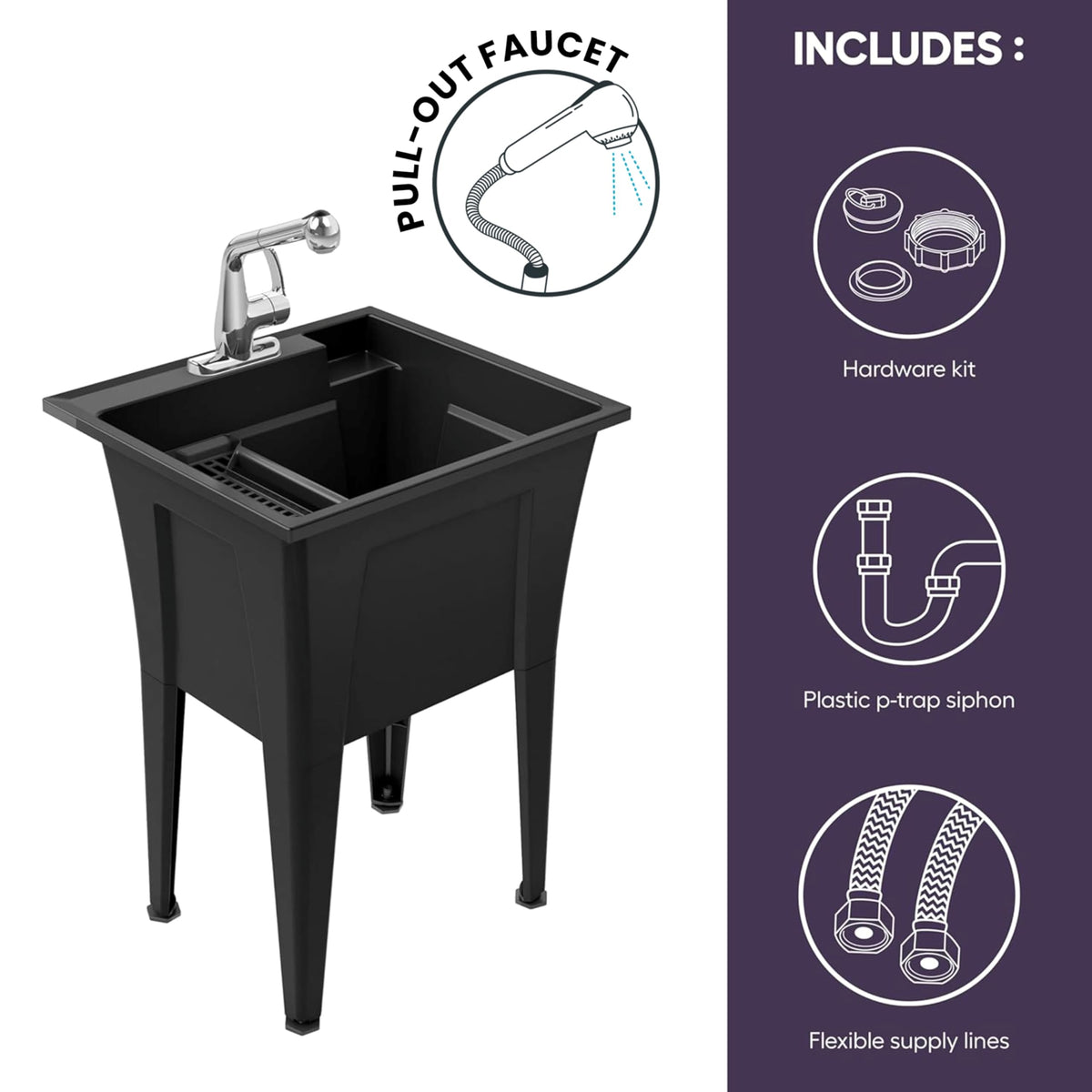 Freestanding Utility Sink with One Handle Chrome Faucet - 24" Plastic Utility Sink for Garage, Laundry, Indoor and Oudoor Use - Laundry Tub Kit by Noah William Home - Black (19.5 gal)