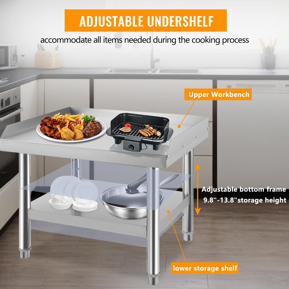 MOVECOM Stainless Steel Equipment Grill Stand Table 24x24x24 inch, 1000 lbs Top Shelf, 220 lbs Bottom Shelf, Adjustable Legs, 2" Edge Baffle, for Hotel, Home, Commercial Restaurant Kitchen
