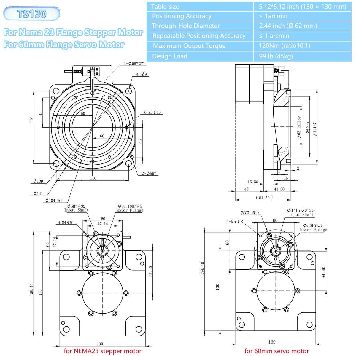 Hollow Rotary Table 130mm 10:1 Ratio with Closed Loop NEMA 23 Stepper Motor Driver Kit 45kg Load Capacity High Precision ≤1 Arcmin Speed Reducer for Indexing Table Automation Robotic Assembly