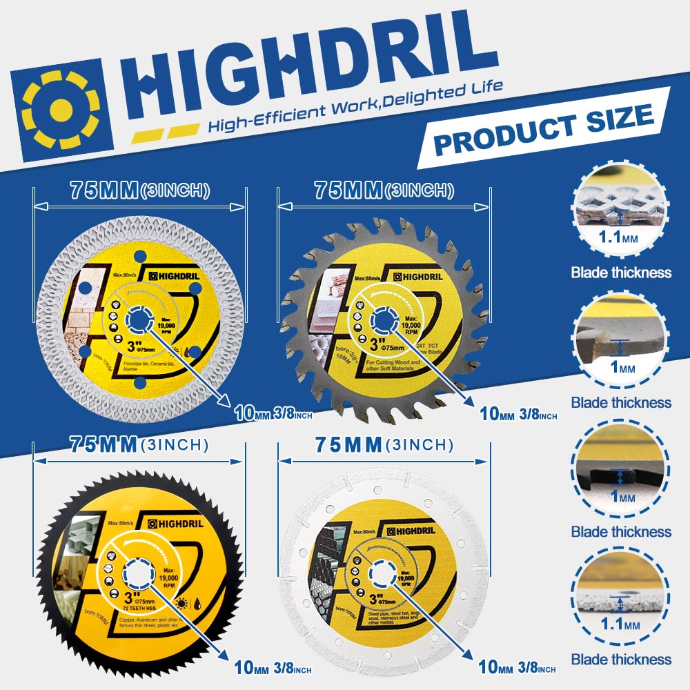 HIGHDRIL 3" 75mm Circular Saw Blade Set 4pcs and HIGHDRIL Diamond Drill Bits Kit
