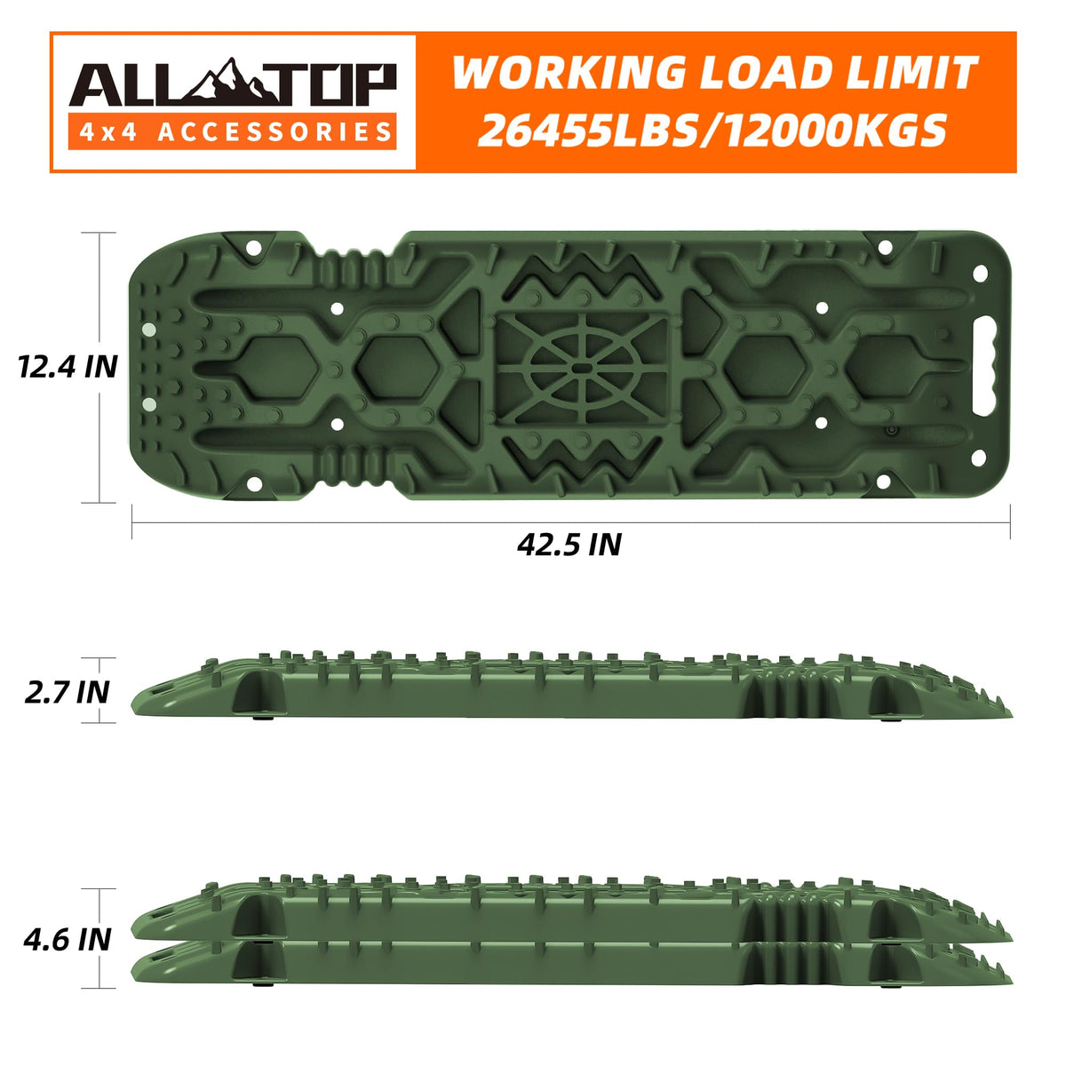ALL-TOP Traction Boards with Build-in Jack Base, 2PCS Recovery Boards & Mounting Kit for Overlanding (4th Gen, Army Green)