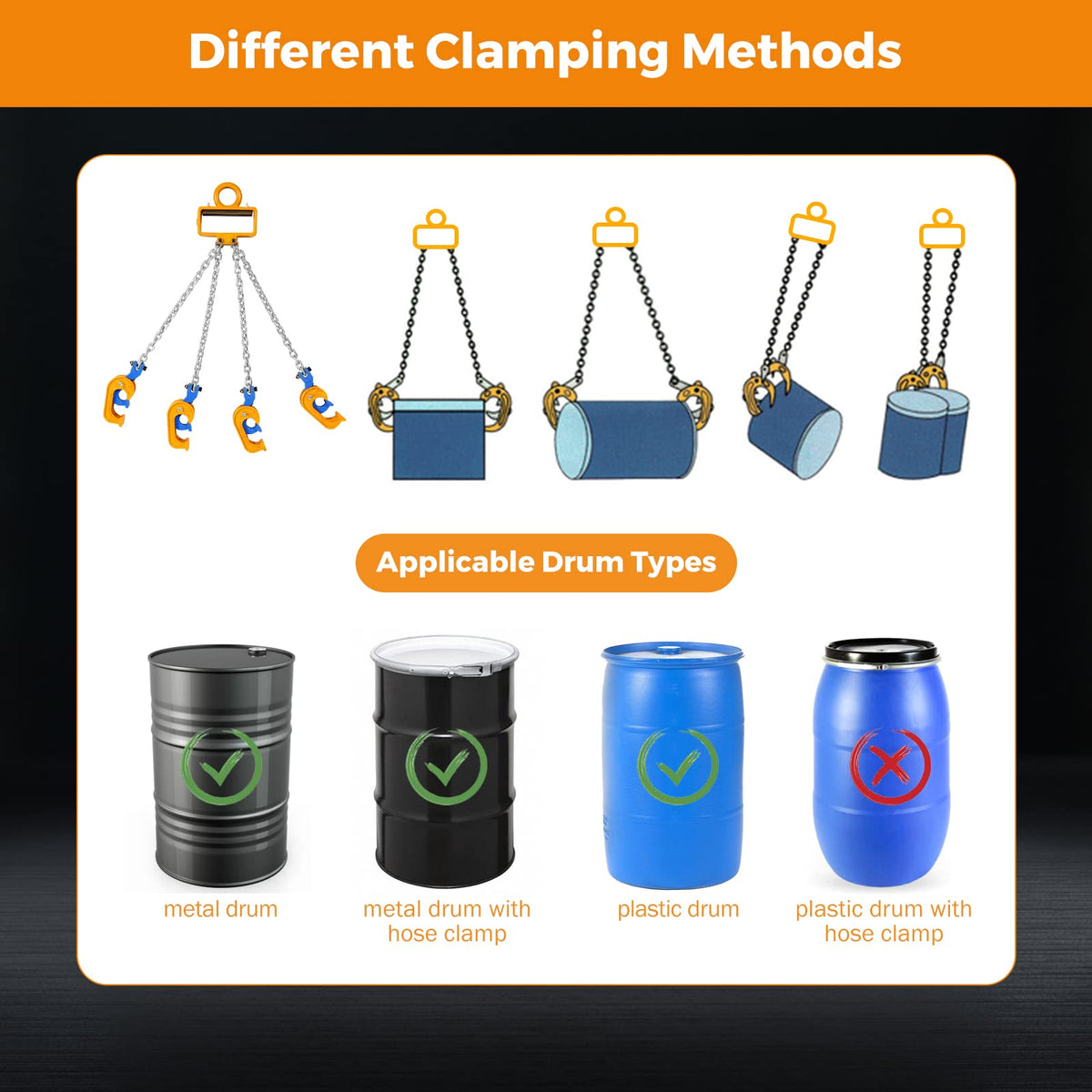 BEAMNOVA Upgraded Chain Drum Lifter, 2 Ton 4400 lbs for 30 & 55 Gallon Drums, 4 Hooks Double Chain Metal/Plastic Barrel Lifting Sling for Forklift, Hoist & Crane