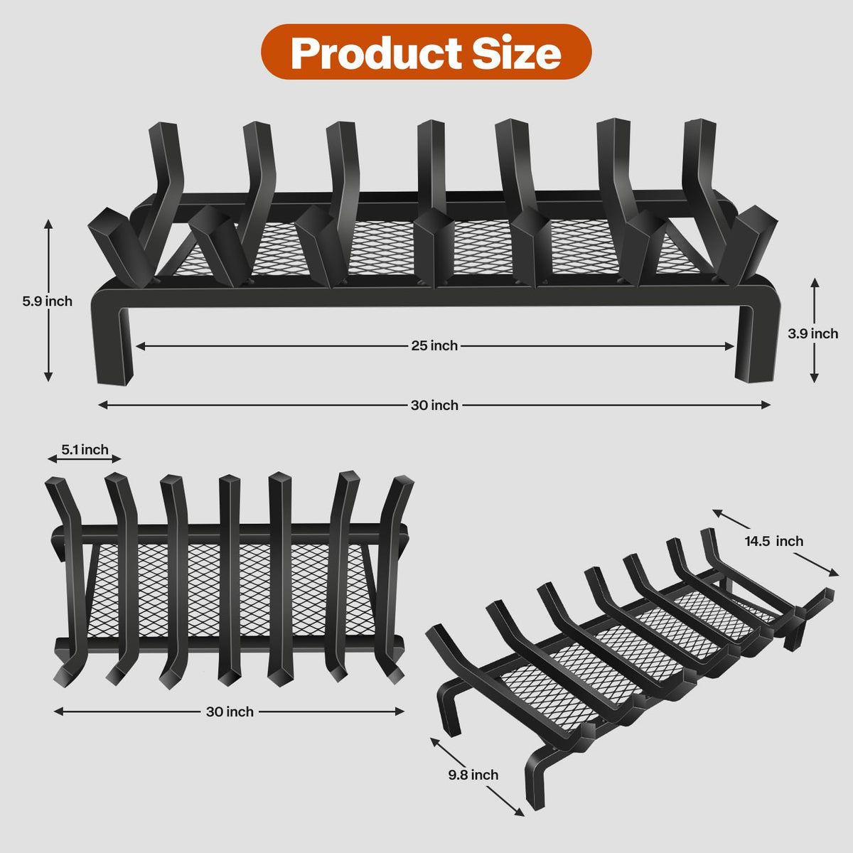 Nouetele 30 Inch Large Fireplace Grate – True 5/8" Thick Solid Steel Heavy Duty Log Holder (25% Thicker) – Extra Wide Wood Stove Rack for Big Masonry Hearths
