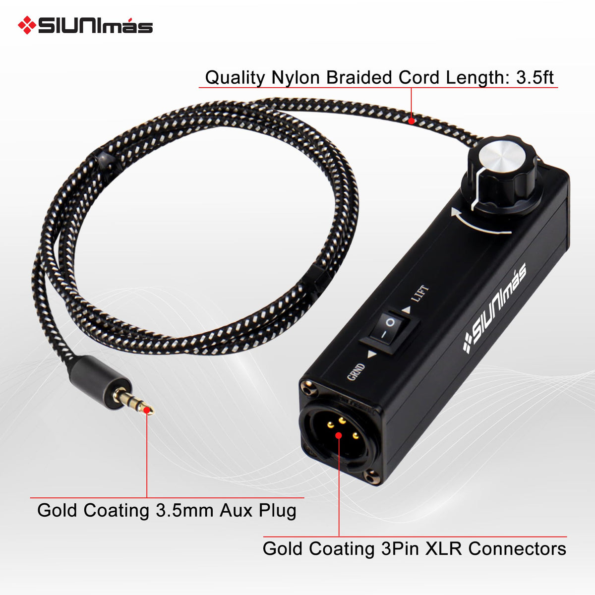 SIUNIMAS Pro 01A AUX to XLR 3Pin Noise Isolation Direct Box with Volume Controller and Grounding Switch Build-in Nylon Braided Cord Length 3.5ft Quality Durable 3.5mm AUX Plug (Pro 01A AUX-XLR)