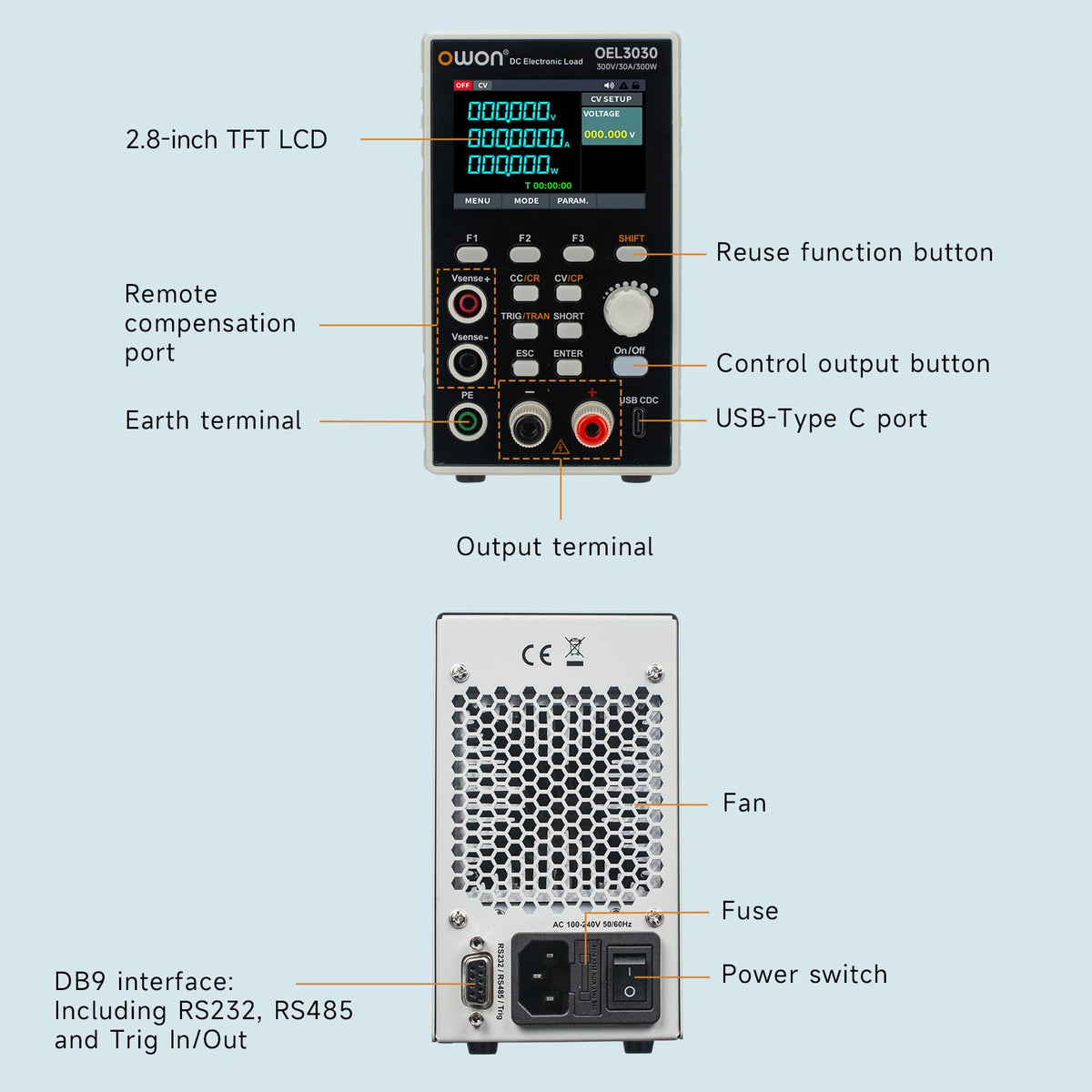 OWON Programmable DC Electronic Load OEL3030, DC 300V 30A Maximum 300W, USB/RS232, CV CC CR CP 4 Operation Modes, 5kHz Dynamic, Lab Bench Power Tester with 2.8” TFT Color LCD Display