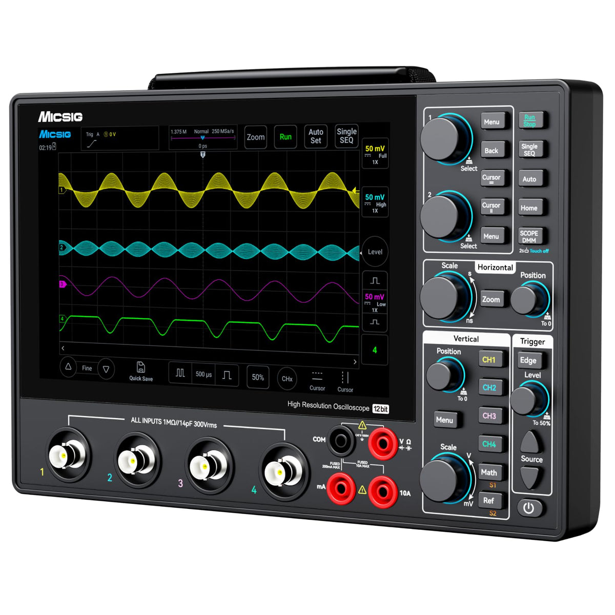 SainSmart Micsig 12-bit High Resolution Tablet Oscilloscope MHO1, 100MHz Bandwidth, ≤3.5ns Rise Time, 4 Channels, Integrated 4 5/6 Digit Multimeter, 1GSa/s, 8” HD Touch Screen & 16000mAh Battery