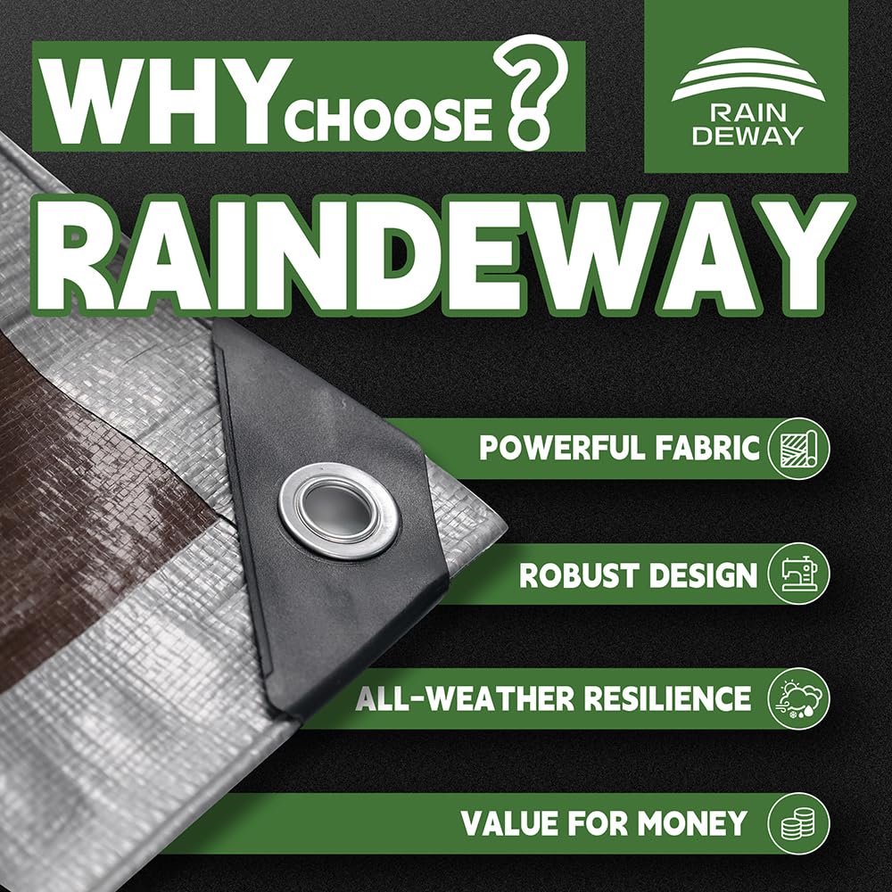 RAINDEWAY Tarps Heavy Duty Waterproof 30x100 Feet,10Mil Thick Multipurpose Large Tarp Cover with Metal Grommets and Reinforced Edges,Silver/Brown Tarp