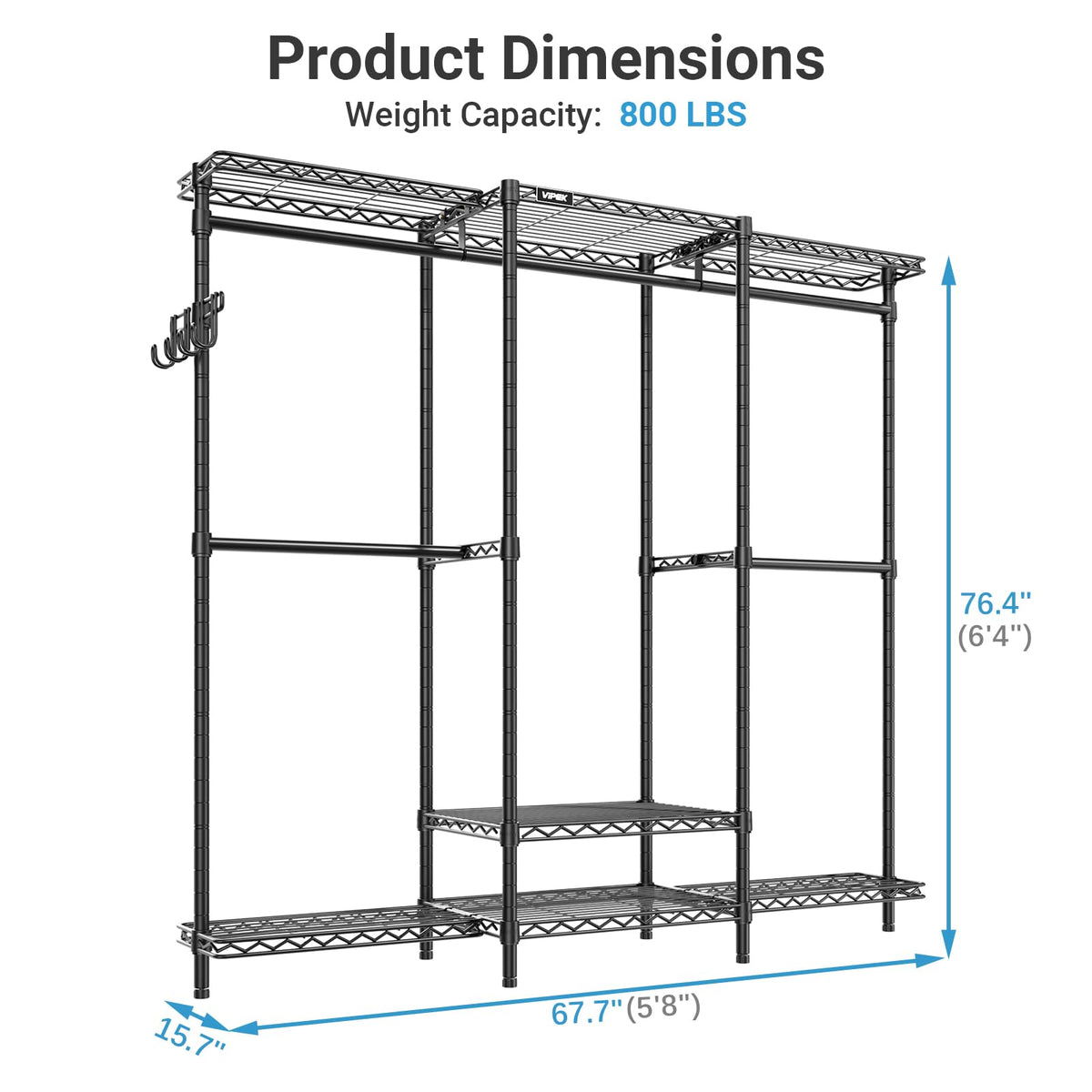 VIPEK V3 Nano Clothes Rack with 4 Semi-Shelves and 3 Standard Shelves, Clothing Rack for Hanging Clothes, Free Standing Closet System, Portable Metal Wardrobe for Bedroom, Max Load 800LBS, Black