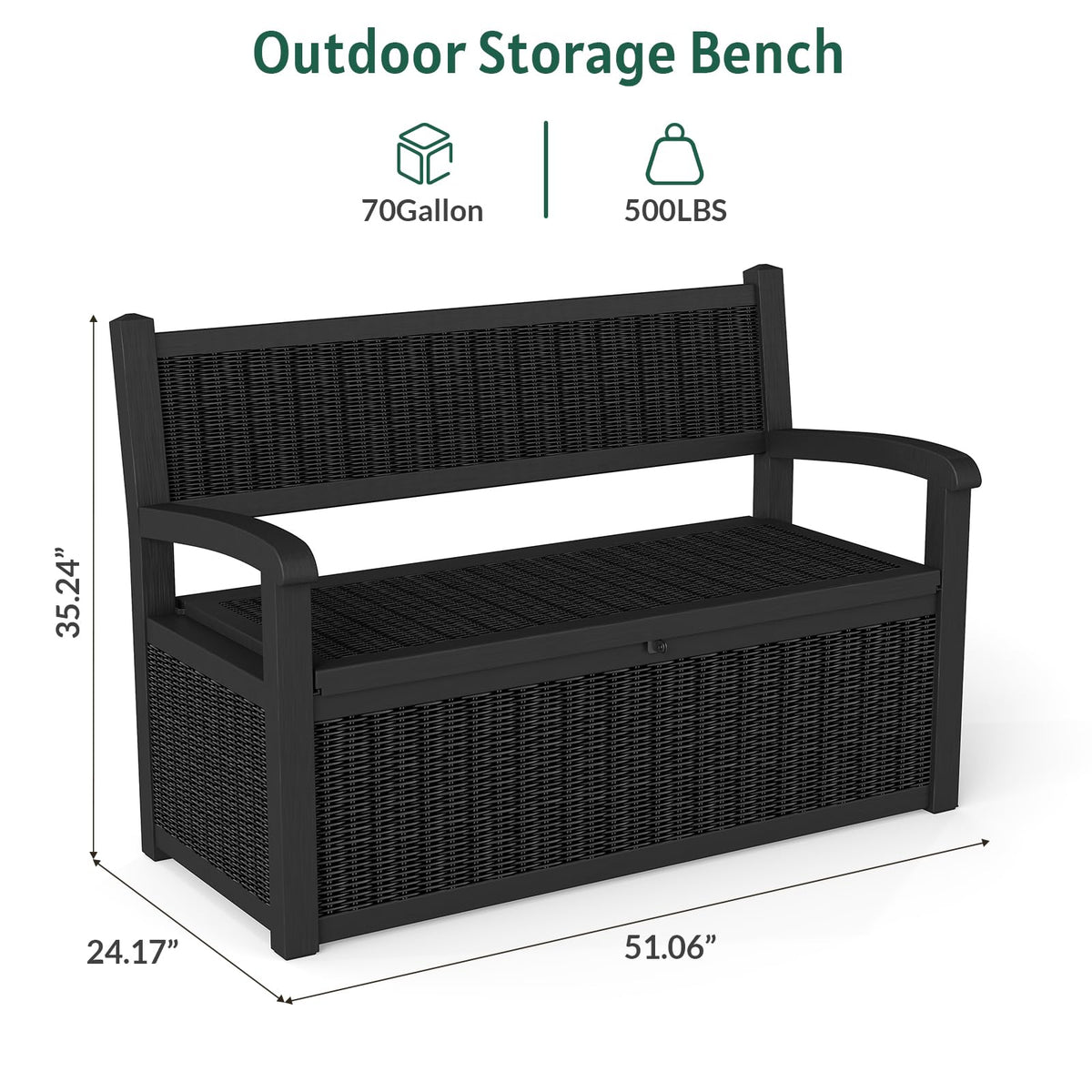 Skepphlay 70 Gallon Outdoor Storage Bench, Deck Box Bench with Armrest, Lockable Outside Benches with Storage, Deck Boxes Waterproof for Pool Patio Garden (Black)