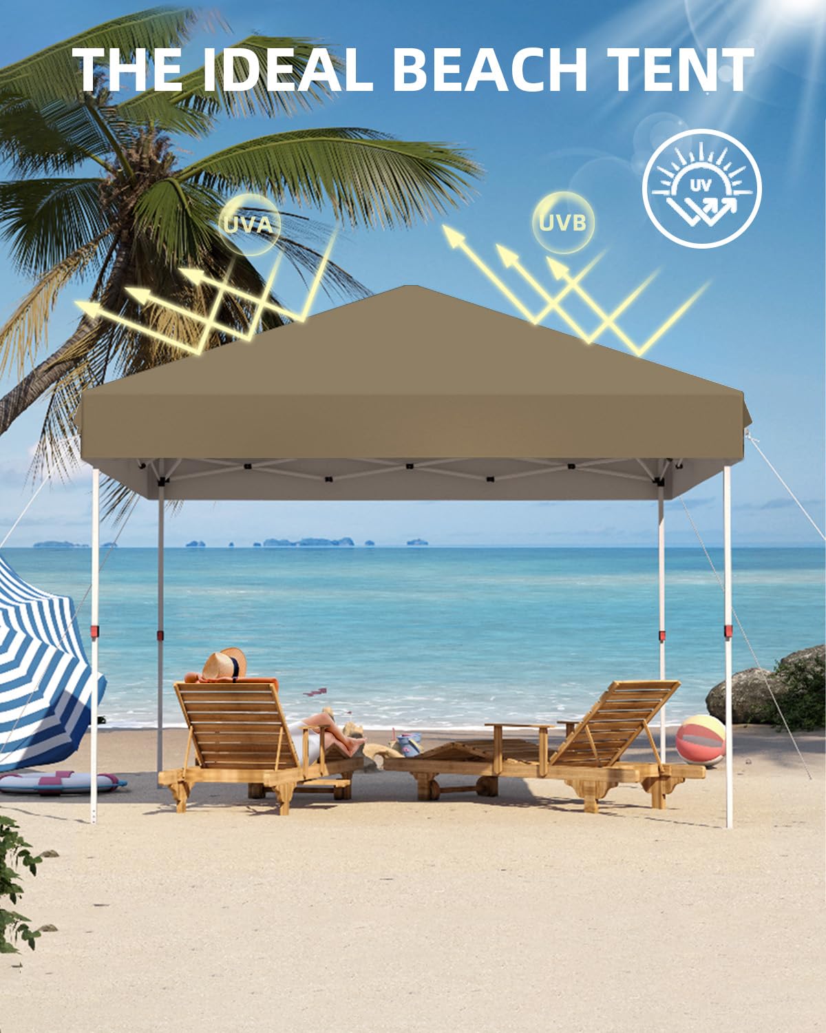 GarveeLife 10x10 Pop Up Canopy with One Button Push Setup - Heavy Duty Outdoor Canopy Tent with Portable Roller Bag - 3 Adjustable Height, 4 Weight Bags, 8 Stakes & 4 Guy Ropes Included, Khaki