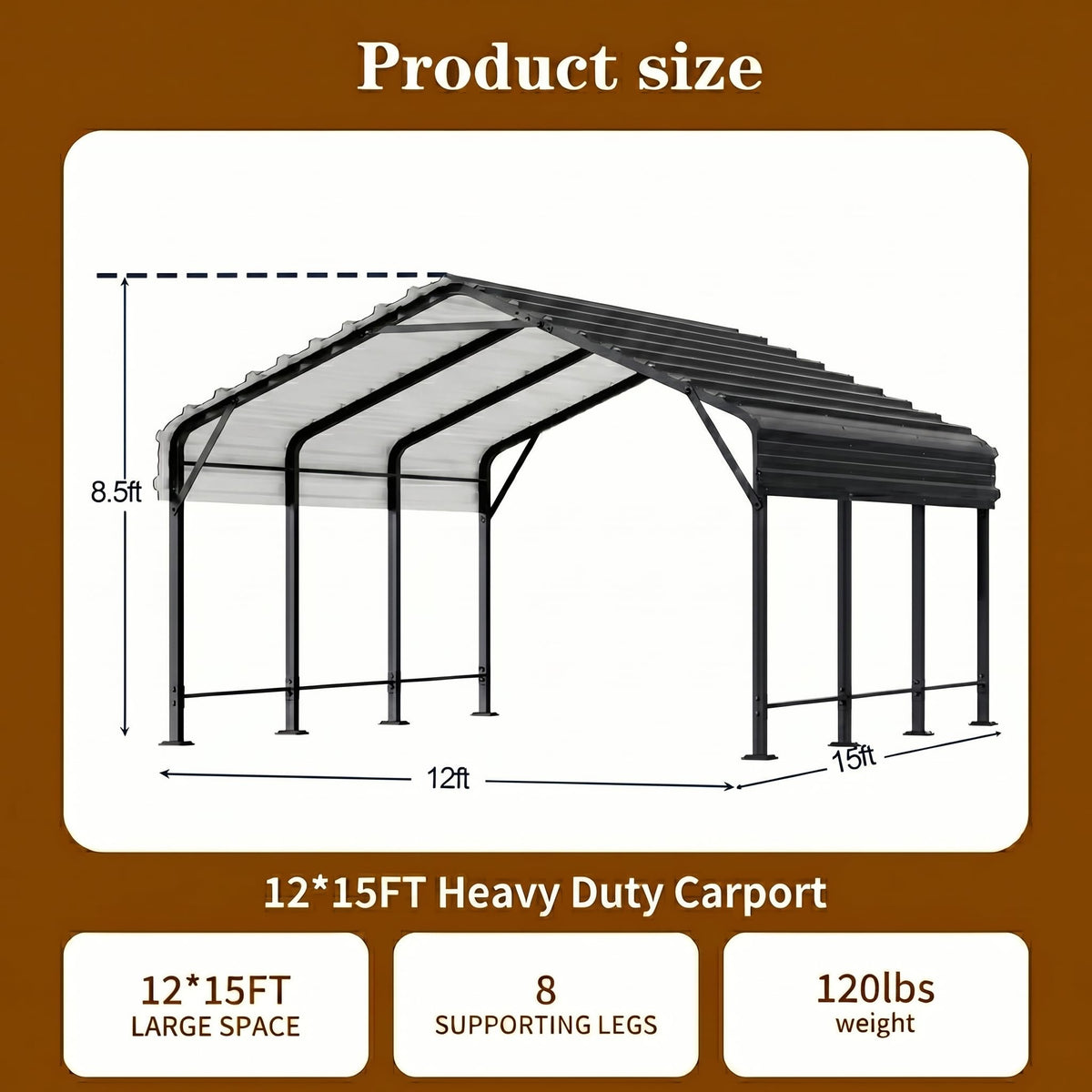 12x15 FT Heavy Duty Metal Carport, All-Weather Outdoor Vehicle Shelter with Steel Roof & Reinforced Frame, Permanent Car Canopy for Trucks, SUVs, Boats & Garden Storage, Gray