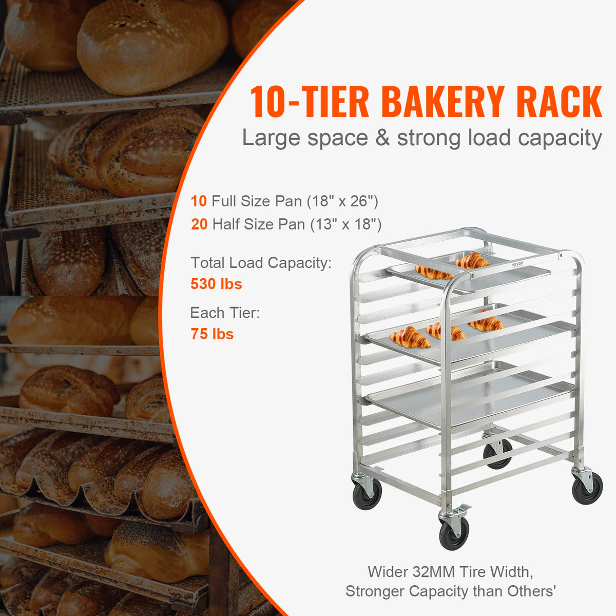 VEVOR 10-Tier Bun Pan Rack, Aluminum Racking Trolley Storage with Brake Wheels, Commercial Bakery Racks for Half & Full Sheet, Speed Rack For Kitchen Home, Bread Baking Equipment, 26"L x 20.3"W x 39"H