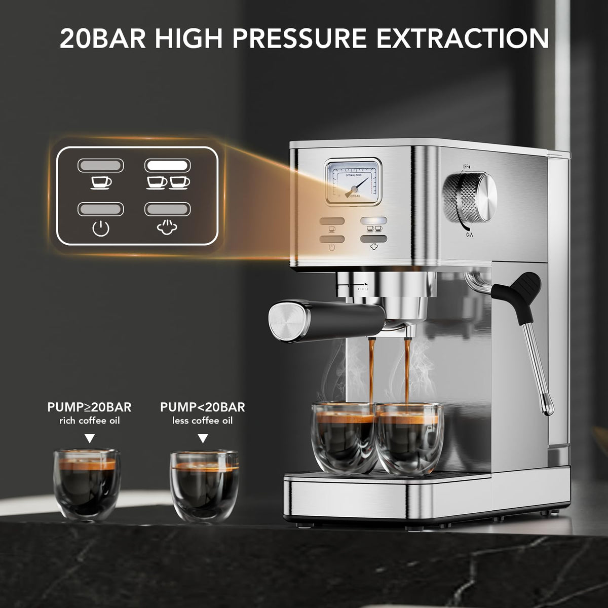 COWSAR Espresso Machine 20 Bar, Compact Commercial Espresso Maker with Milk Frother, Visual Pressure Gauge, Coffee Machine with 47oz Removable Water Tank and Capsule Funnel, for Cappuccino, Latte