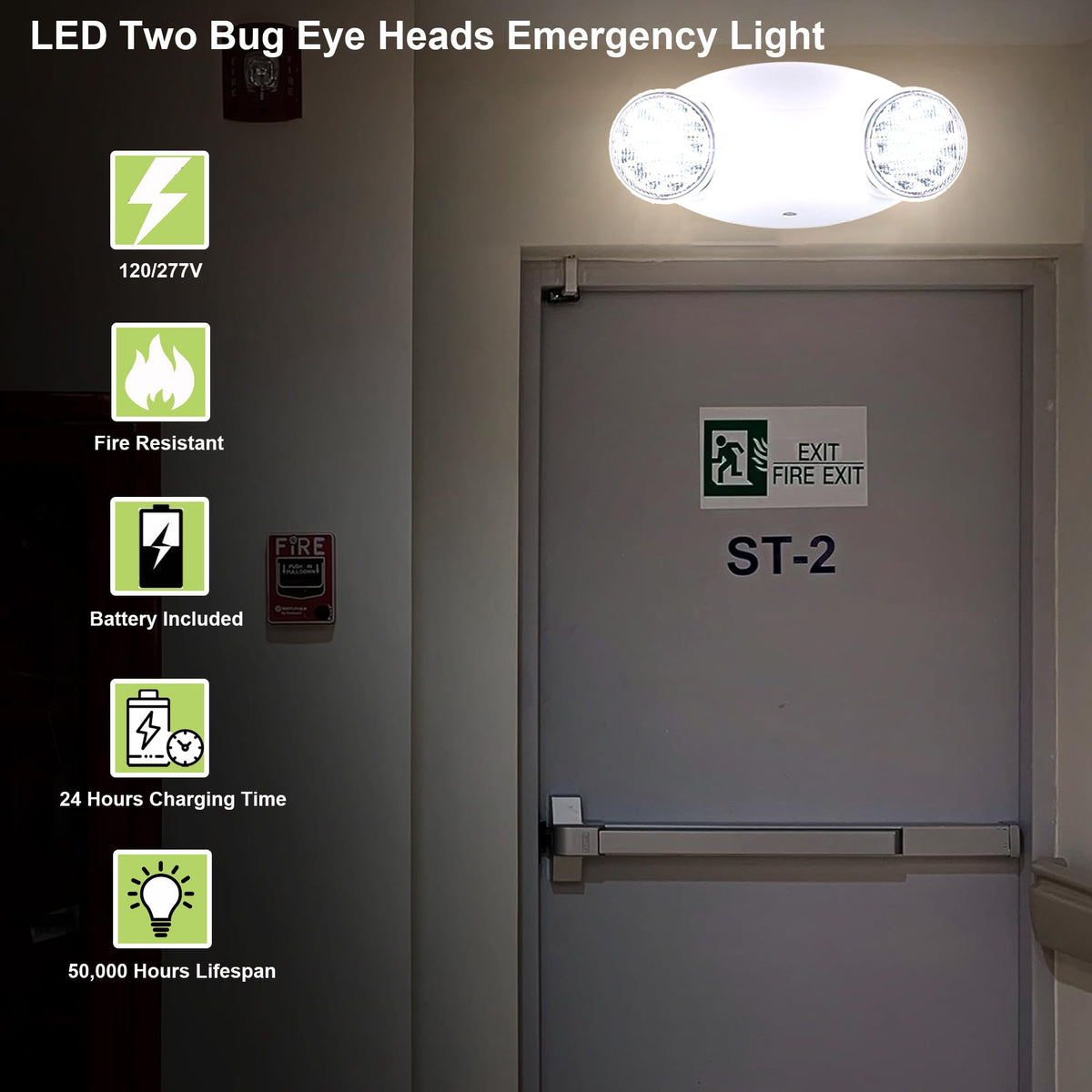 LIT-PaTH LED Emergency Lighting Fixtures with 2 LED Bug Eye Heads and Back Up Batteries- US Standard Exit Light, UL 924 and CEC Qualified, 120/277 Voltage, White, 6-Pack