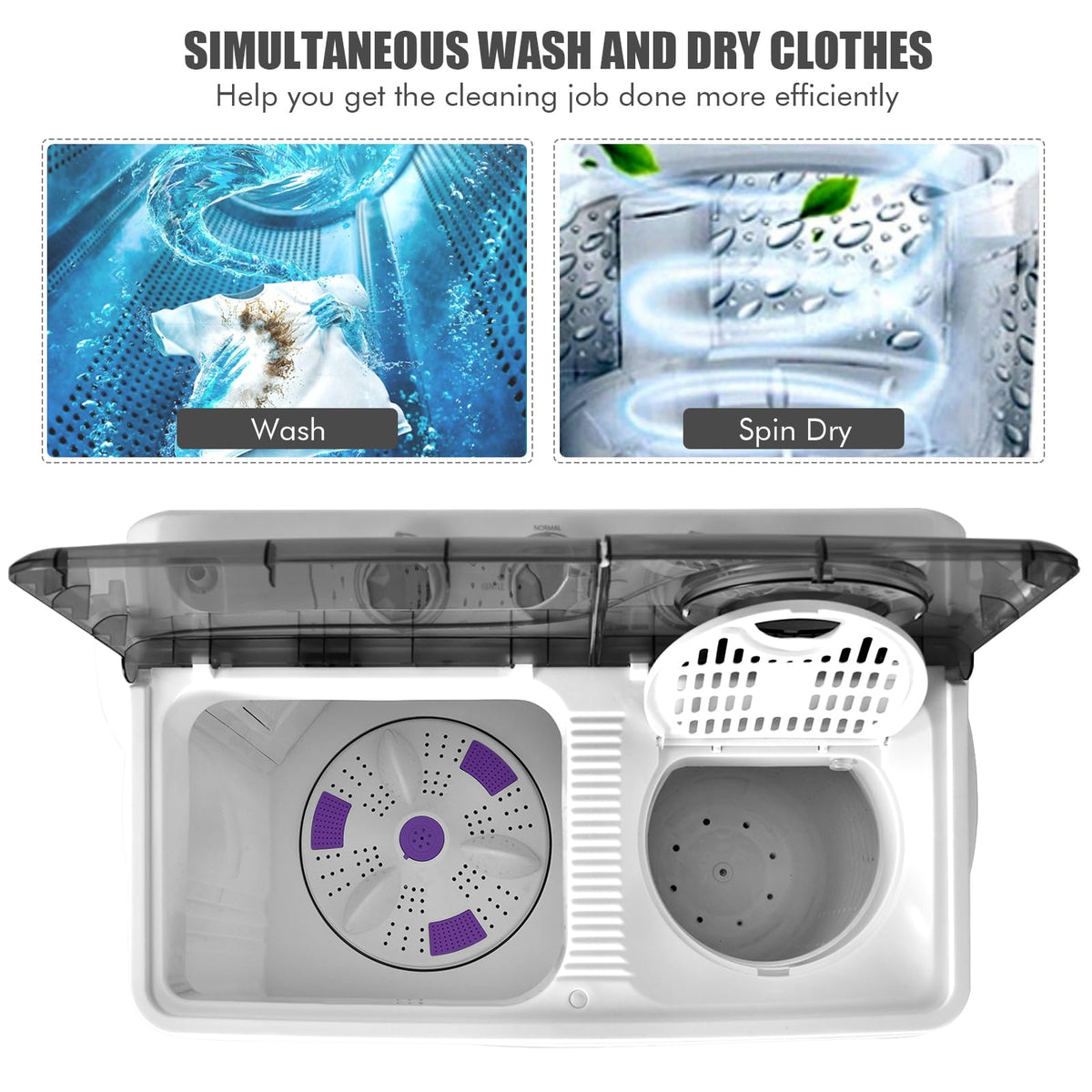 COSTWAY Portable Washing Machine, Twin Tub 26lbs Capacity Laundry, 18lbs Washer and 8lbs Spinner Combo with Timer Knobs, Built-in Drain Pump, Compact Washer for Home Dorm Apartment (Grey+White)