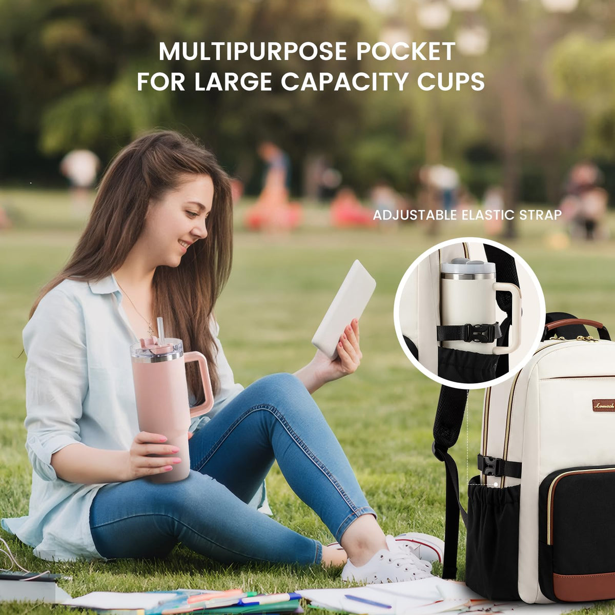 LOVEVOOK Laptop Backpack for Women with Pouch Pocket for Large Capacity Cup,15.6 Inch Laptop Computer Bag Travel Backpack Purse,Waterproof Work Business Backpack College Teacher Bags,Beige-Black-Brown