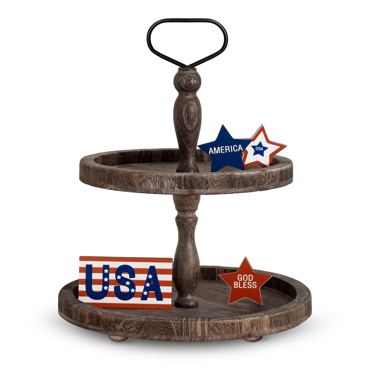 Mustry Rustic Wooden 2 Tiered Tray, Round Farmhouse Kitchen Table Decor Serving Tier Tray, Food Fruits Cupcake Display Coffee Bar Home Party Seasonal Decorations (Brown)