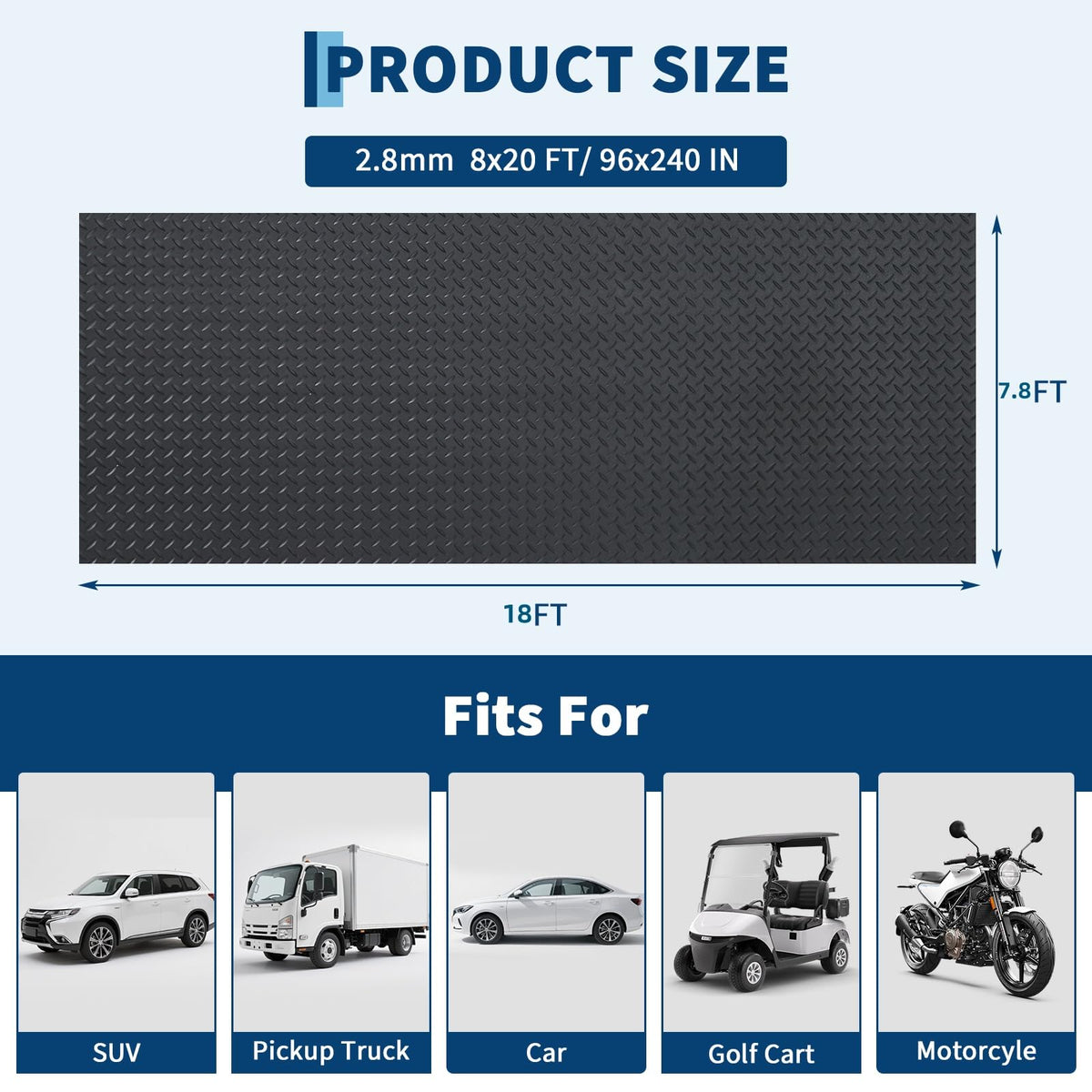 GarveeTech 7.8 x 18 ft Garage Floor Mat, 2.8 mm Thickened Flooring Roll Diamond Plate PVC Rubber Trailer Mat, Non-Slip Floor Protector Mat for Garage, Warehouse, Gyms, Trailer, SUV