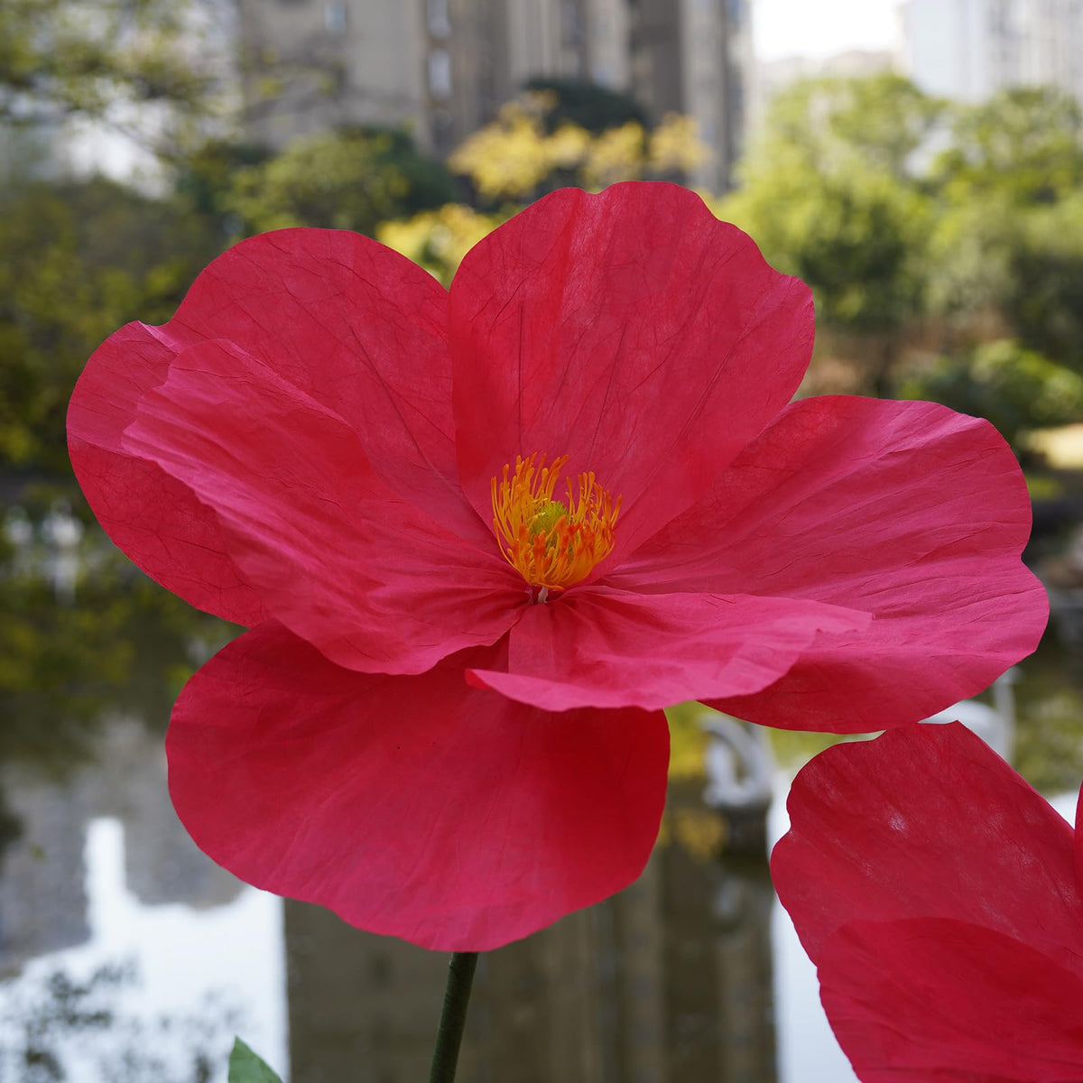 ZEYEXE Large Paper Artificial Flowers,Giant Flowers for Decoration,Huge Handcrafted Poppy Fake Flowers with Stand for Home Decor Bridal Shower Party Outdoors Yard Event Backdrop Decor (red)