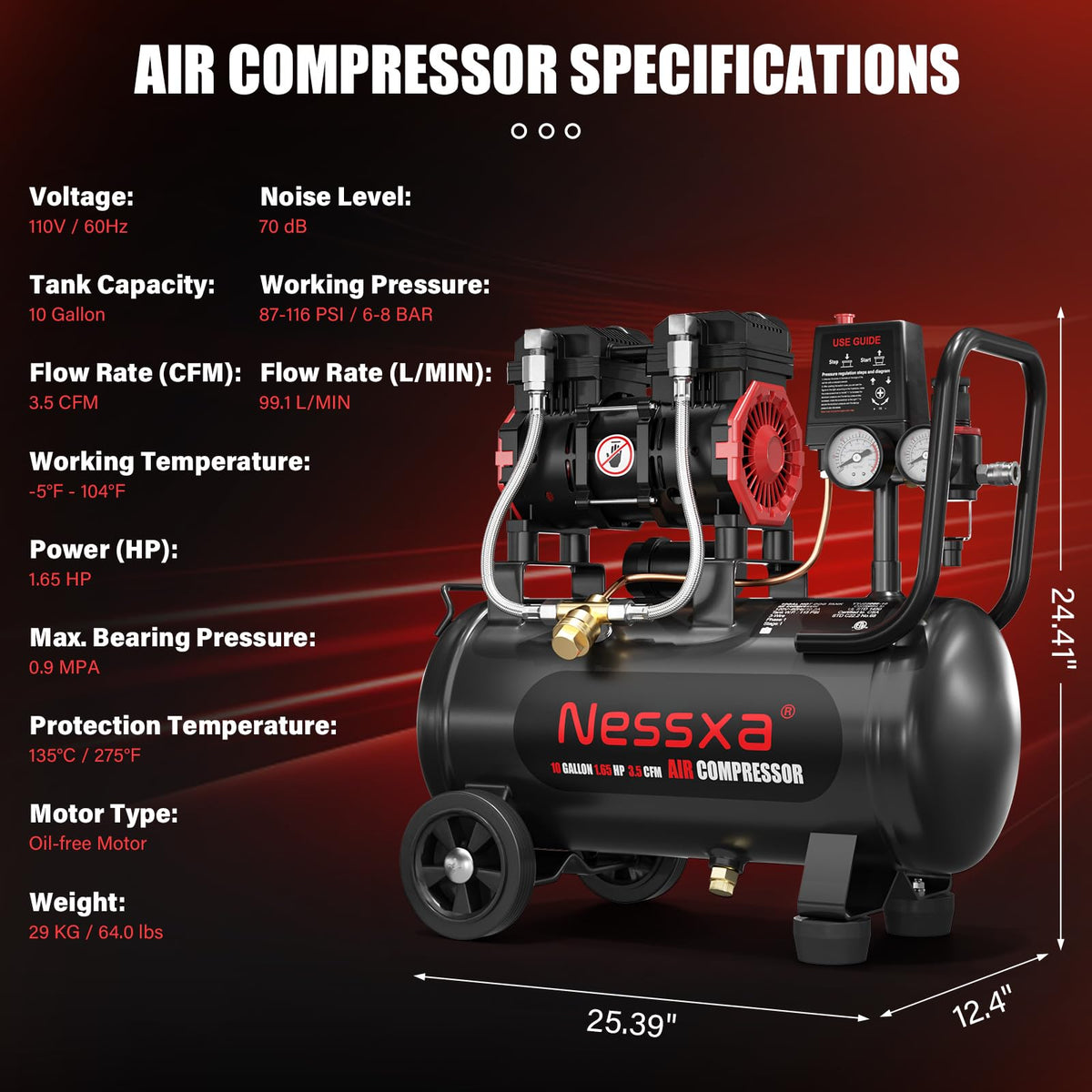 10 Gallon Ultra Quiet Air Compressor, Oil-Free Air Compressor Tank with Two Quick Couplers, 2HP 8.76 CFM@115PSI Pressure 70dB Electric Air Compressor for Woodwork Nailing, Garage, Auto Repair