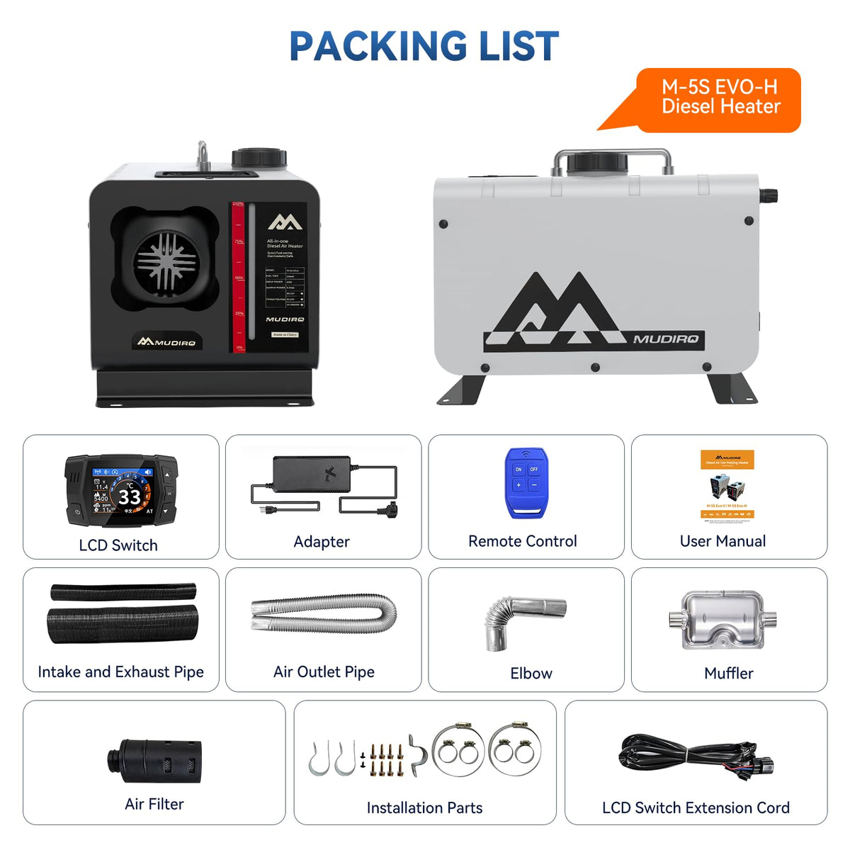 MUDIRO Diesel Heater 12V/24V/110V 8KW with CO Protection (Auto Shut-off & Alarm), Thermostat, Remote, TFT Display, Auto Altitude Adjustment, Chinese Diesel Heater for Camping, RV, Tent