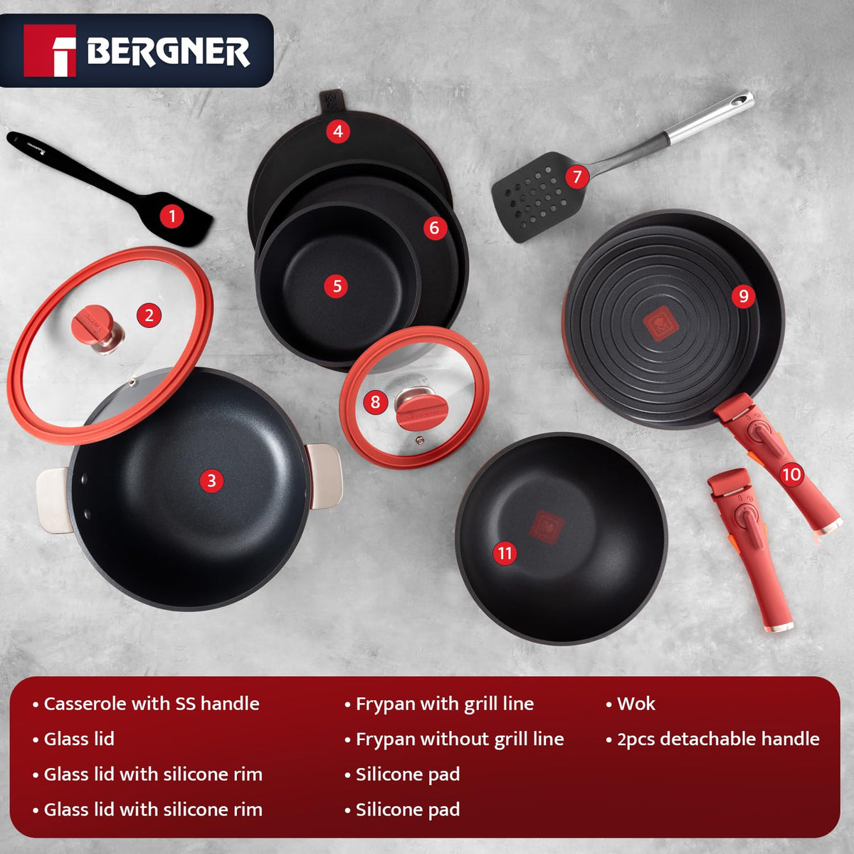 Bergner 11-Piece Non-Stick Cookware Set with Detachable Handles - Stackable Die-Cast Aluminum Pots and Pans Set, Induction & Oven Safe, Space-Saving Kitchen Set, Red