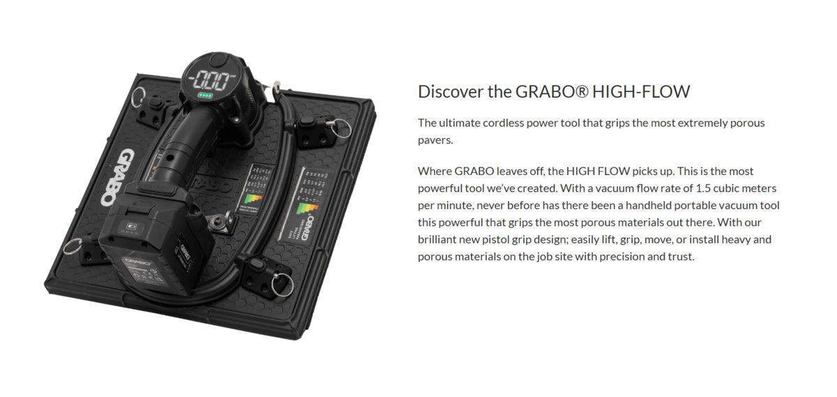 GRABO High-Flow Cordless Vacuum Lifter | 242 lbs Capacity | LED Pressure Display | Ergonomic Pistol Grip | SMART CUT Foam Seal | Lifts Porous Materials, Dry Cast Pavers | Pro Construction Tool