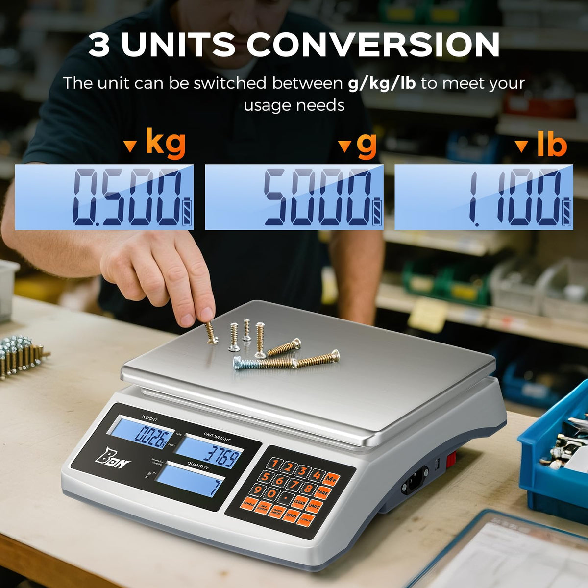 Bonvoisin Counting Scale 30kg/66lb x 0.1g Digital Inventory Industrial Scale with Battery for Small Parts Tickets Pieces