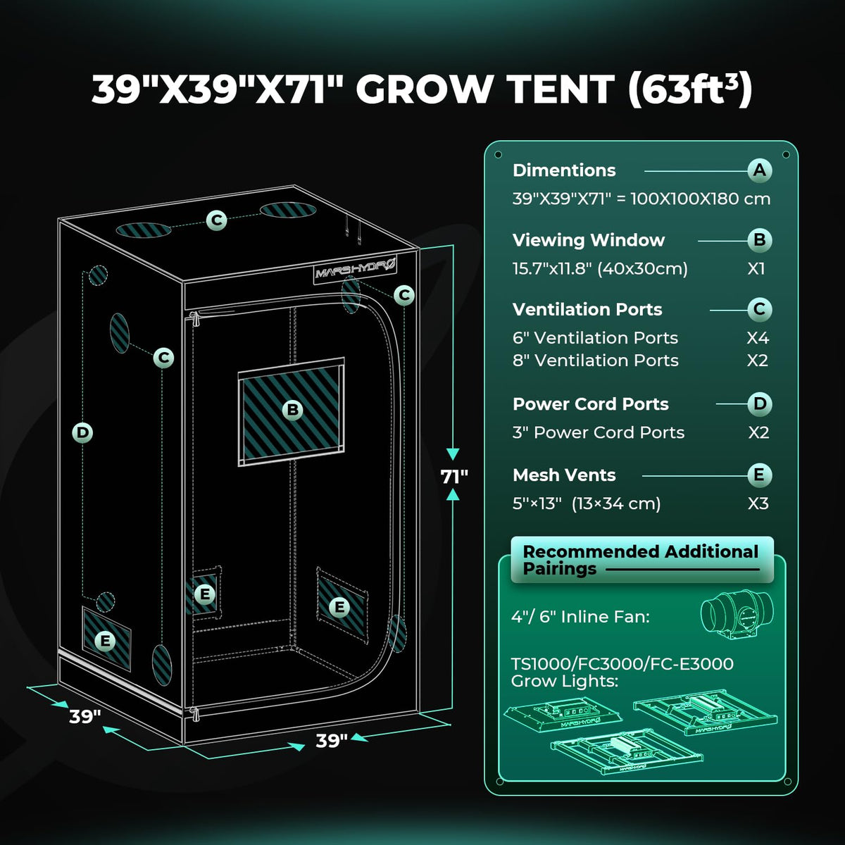 MARS HYDRO 3.3x3.3 Advanced Grow Tent, 39"x39"x71" High Reflective Mylar 1680D for Hydroponics Indoor Plant Growing, with Observation Window,Floor Tray and Smooth Zipper for TS1000/FC3000/FC-E3000