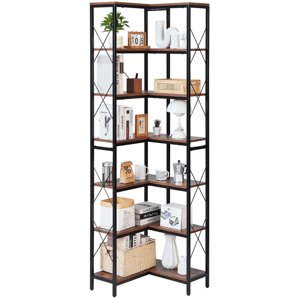 VEVOR 7 Tier Corner Bookshelf, Tall Corner Bookcase Strage, Large L-Shaped Bookshelf Organizer with Metal Frame & Wooden Shelves, Reversible Display Book Shelf Rack for Bedroom, Living Room, Office