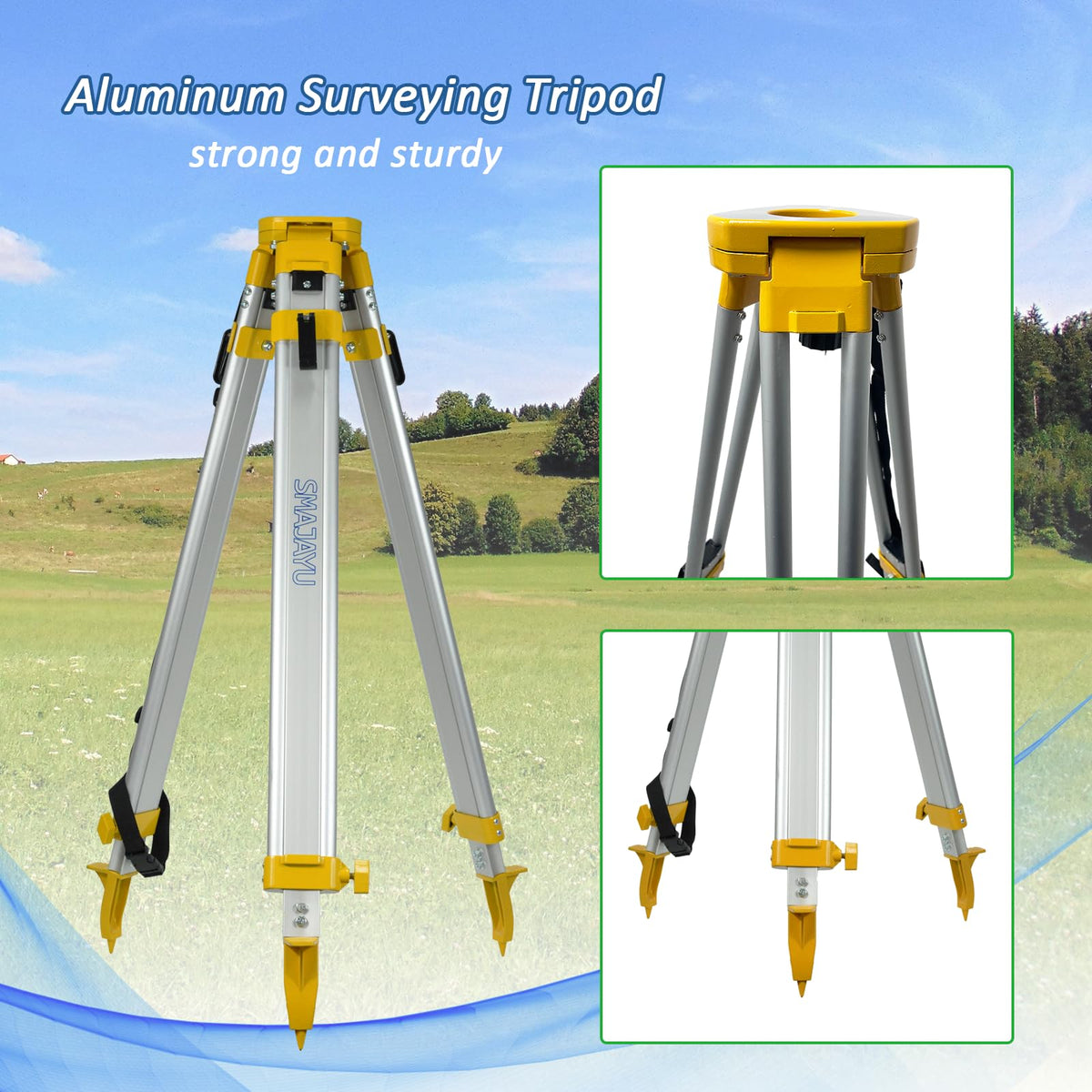 SMAJAYU Aluminum Universal Surveying Tripod, Heavy Duty Construction Tripod Stand, Built-in Strap for Easy Transport, Transit Level Tripod for Laser Level, Total Station & RTK GNSS Base Station