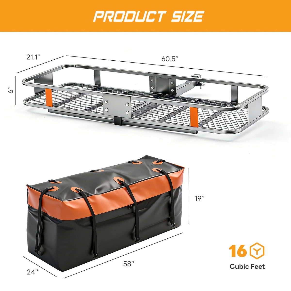 KMFurnila Folding Hitch Mount Cargo Carrier, 60.1" x 20" x 6" Steel Rack with 500 lbs Capacity, Includes Waterproof Bag, Cargo Net, Combination Lock, Straps and Hitch Stabilizer