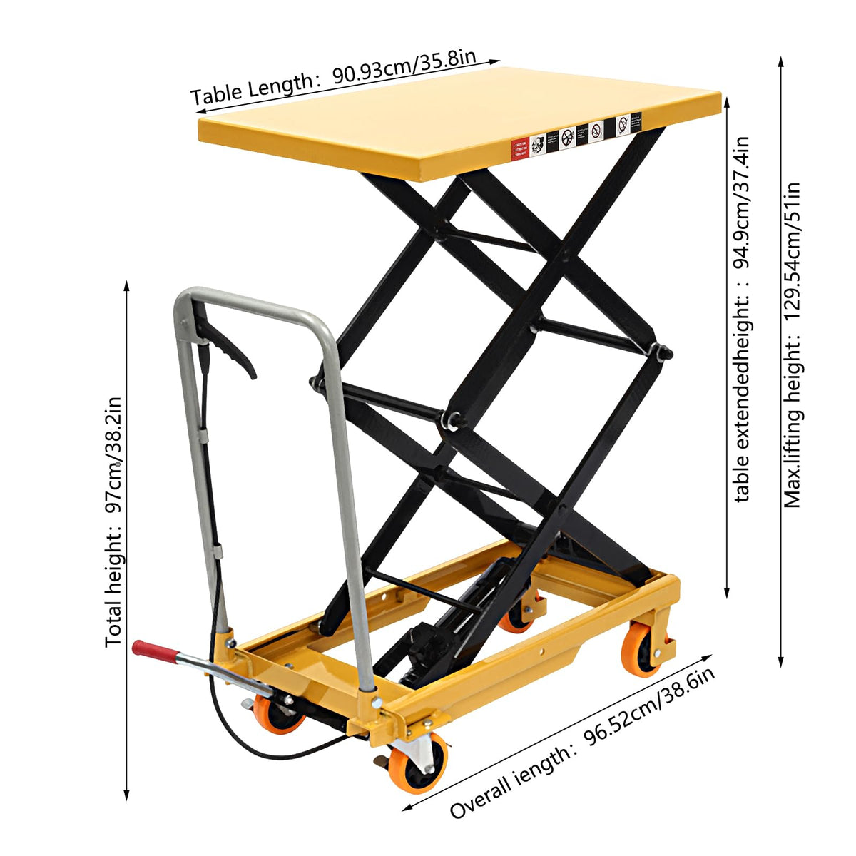 Hydraulic Lift Table Cart 770lbs Load Capacity 51 Inch Lifting Height Manual Hydraulic Double Scissor Cart with Wide Deck, 4 Locking Wheels for Material Handling & Transportation