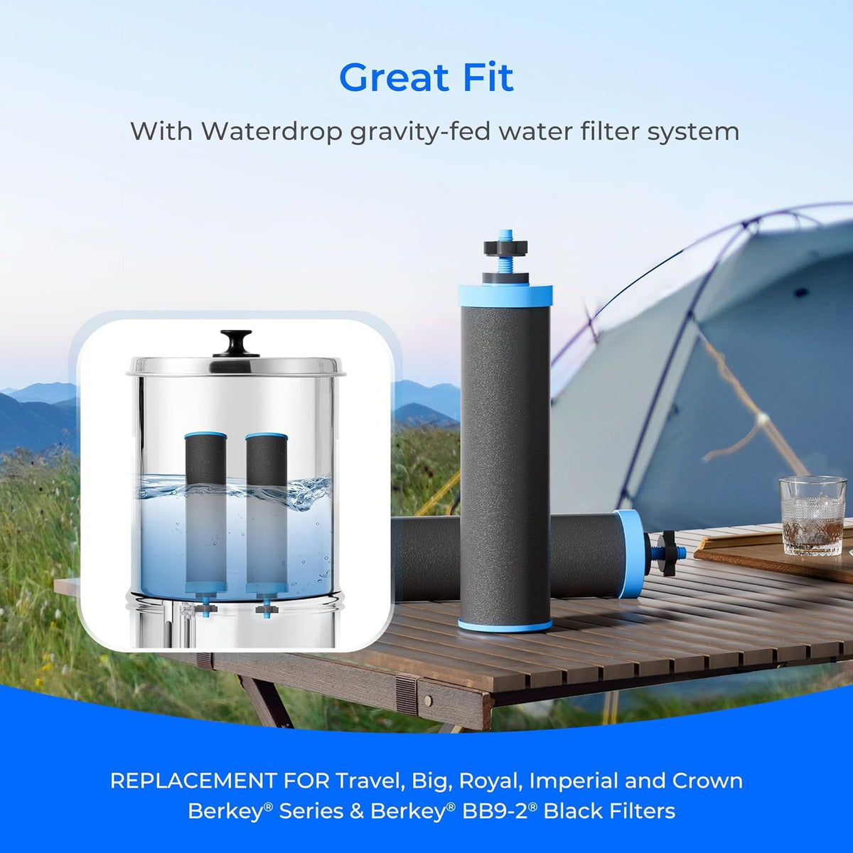 Waterdrop Gravity-fed Water Filter System, Reduces Lead and up to 99% of Chlorine, NSF/ANSI 42&372 Standard, with 4 Black Carbon Filters and Metal Spigot, King Tank Series,