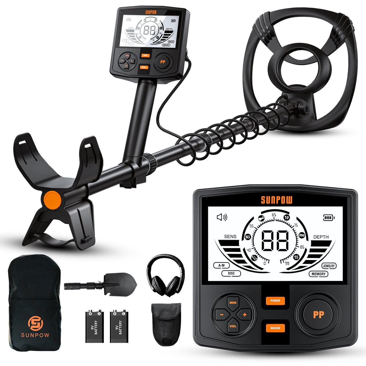 SUNPOW Professional Metal Detector for Adults - Pinpoint Accurate & Easy to Use - 12" Waterproof Coil, 2X Backlit LCDs, DSP Chip, 5 Modes - Adjustable (19"-59") for Beach, Field, Garden