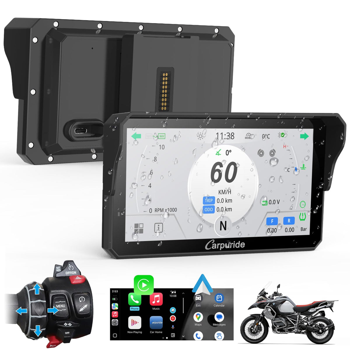 Carpuride W602BSPRO for BMW Motorcycle Carplay & Android Auto 6.25" IP67 Waterproof Car Play Moto GPS Navigation Screen with Dual Bluetooth, Data Reading, OTA, Wonder Control, TPMS, Compass, Barometer