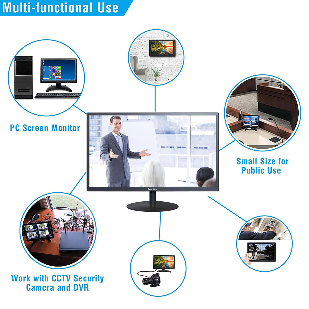 Benmiuko 22 inch Monitoring Display Screen Security Camera Monitor LCD Multi Functional Interface HDMI, BNC, VGA, AV, USB Input CCTV Computer Monitors Built in Speaker 1920x1080 Full HD