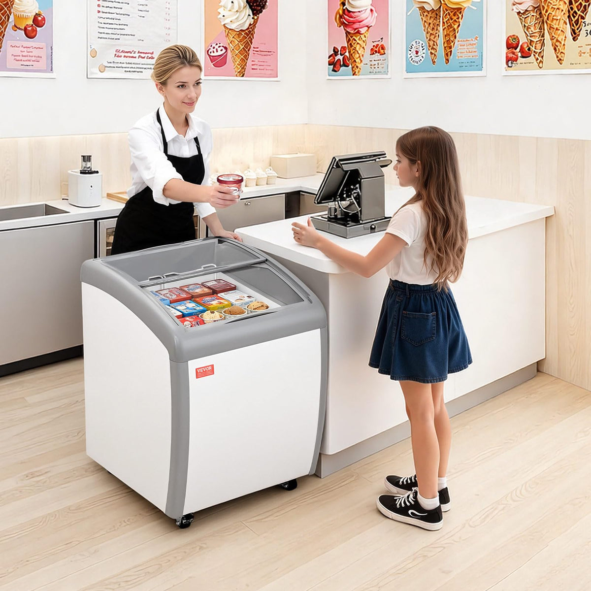 VEVOR Commercial Ice Cream Display Case, 5.4 Cu.ft Chest Freezer, -19 to 3℉ Temp Adjustable Mobile Top Deep Freezer with 2 Wire Baskets, 2 Sliding Glass Doors, Locking Casters & LED Strip Lighting