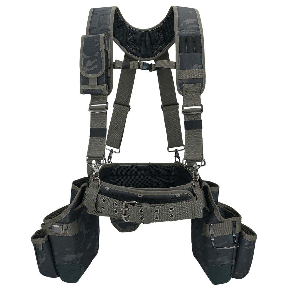 MELOTOUGH Camo Tool Belt with Suspenders Camouflage Tool Pouch Organizer Supenders Framers Combo Apron Tool Belt Construction Tool Bag Suspenders Heavy Duty Carpenter Suspension Rig (Green Camo)