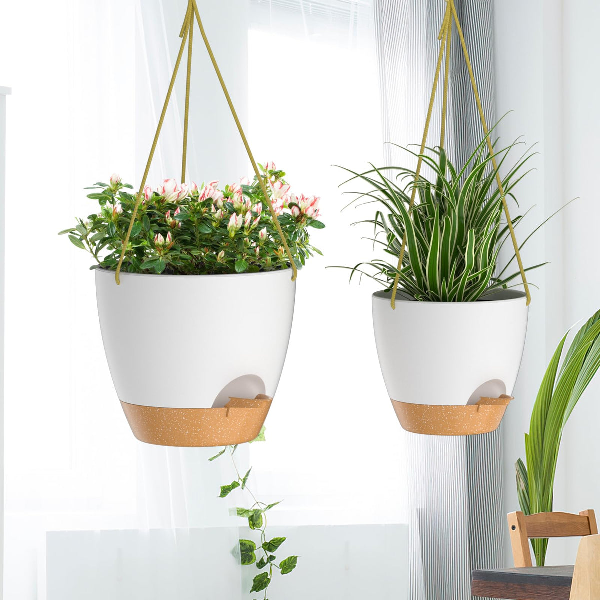 ZMTECH 10 Inch Hanging Planters for Indoor Outdoor Plants, 2 Pack Self Watering Hanging Plant Pots with Drainage Holes and Removable Saucer, Plastic Flower Hanging Pots with Watering Lip (White)