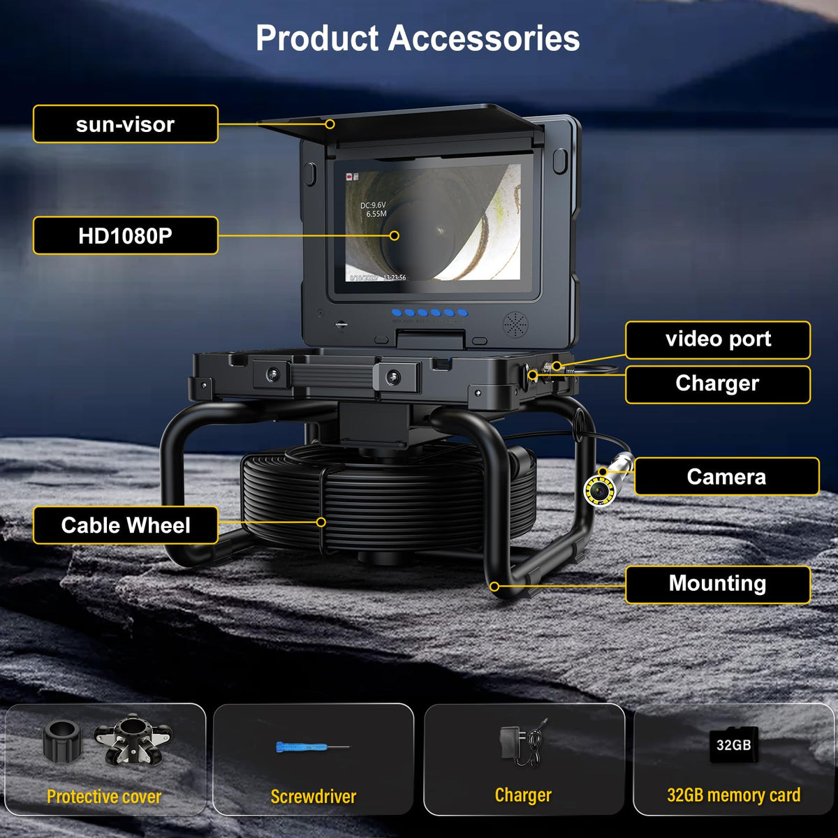 ESANHAO Sewer Camera 100ft Drain Pipe Camera Plumbing Snake, 23mm HD, 12LEDs, DVR Recording, 9" AHD Screen for Plumber, Homeowners IP68 Waterproof, 32GB TF Card Included