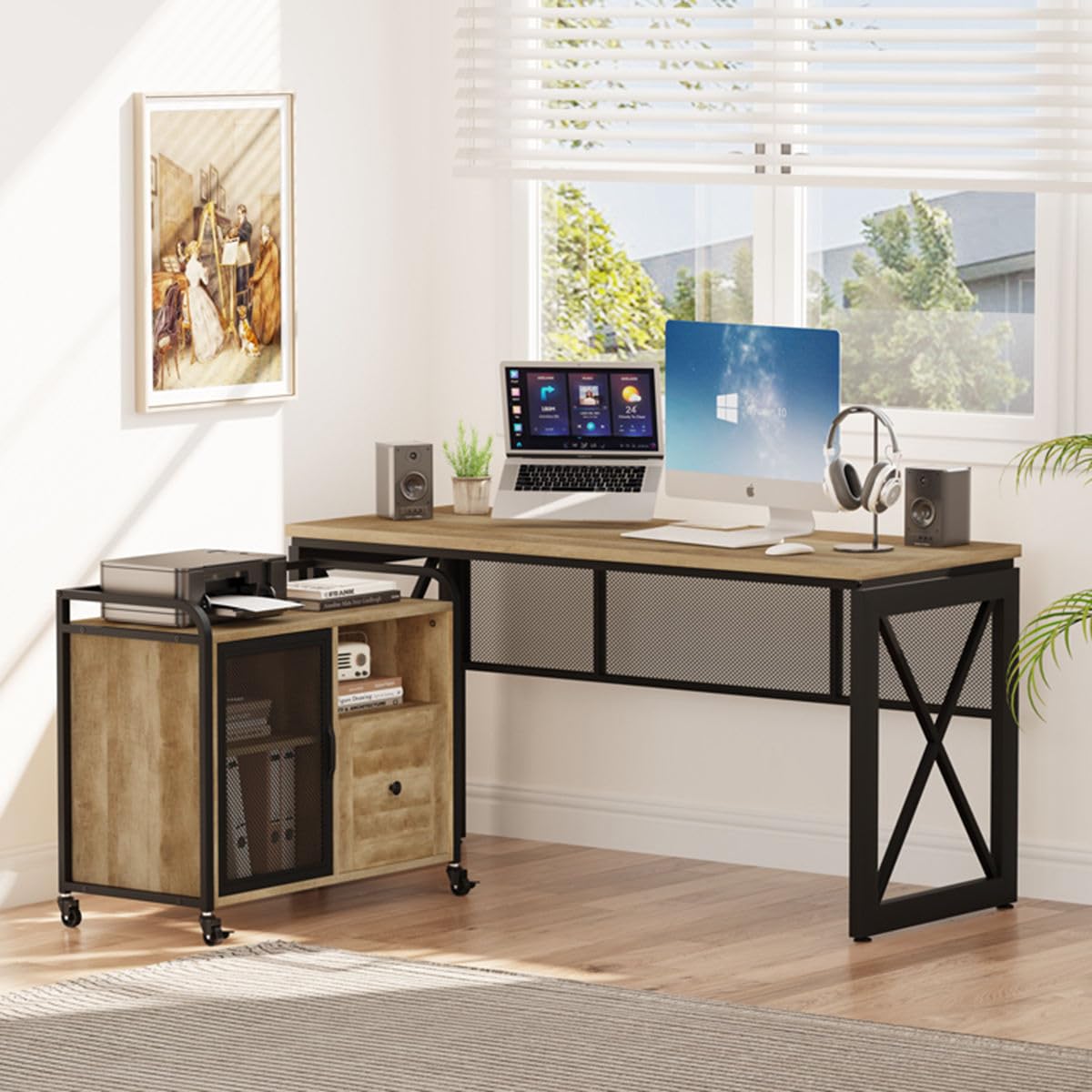 BON AUGURE Computer Desk for Home Office, Sturdy Office Desk, Wide Wood Metal Writing Table, Farmhouse Industrial Gaming Desks (60 Inch, Vintage Oak)