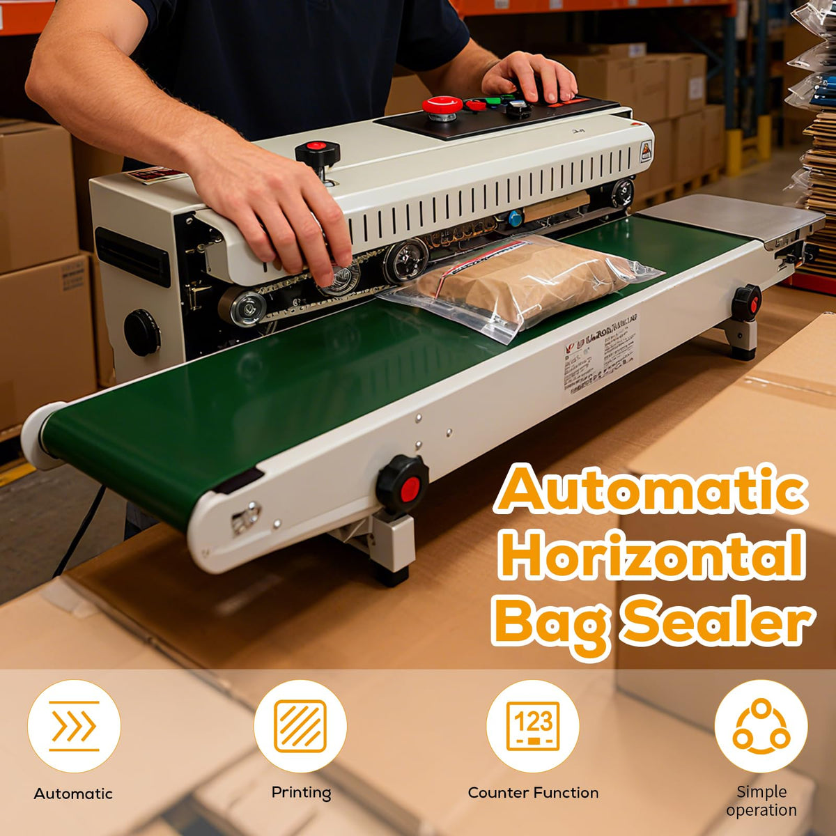 Automatic Horizontal Band Sealer (Full Copper Heating Block, with Counter Function), Continuous Bag Sealing Machine for 0.03–0.08mm PVC Film Bags (110V)