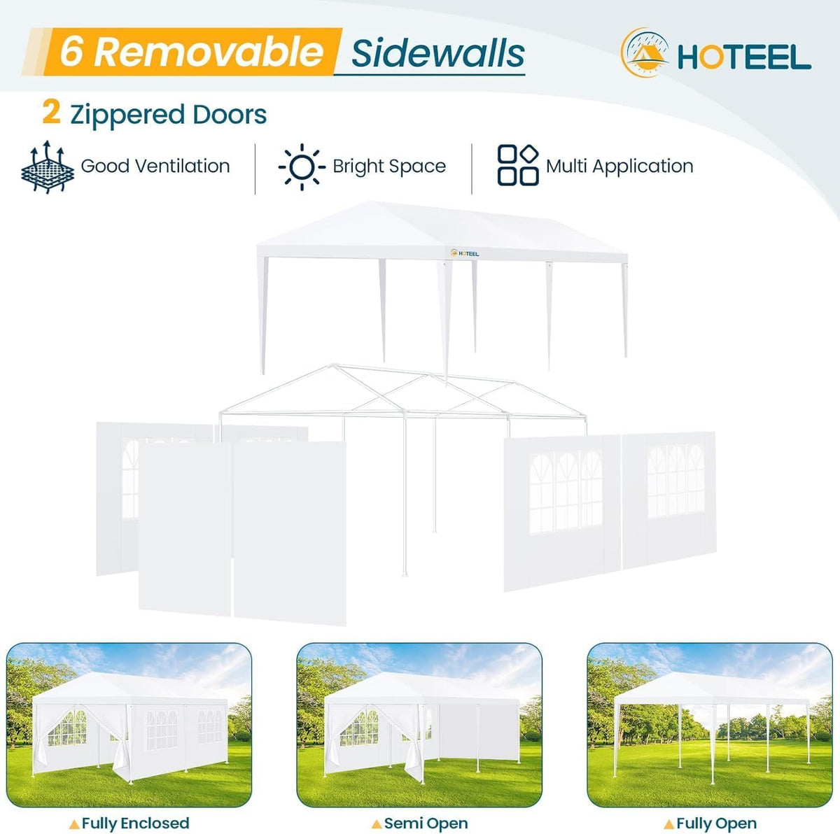 HOTEEL 10x20FT Party Tent Outdoor Canopy for 20-30 People with 6 Removable Sidewalls, 2 Zipper Doors, 12 Ropes and 24 Stakes, Carpas para Fiestas for Wedding Patio Backyard Baby Shower, White