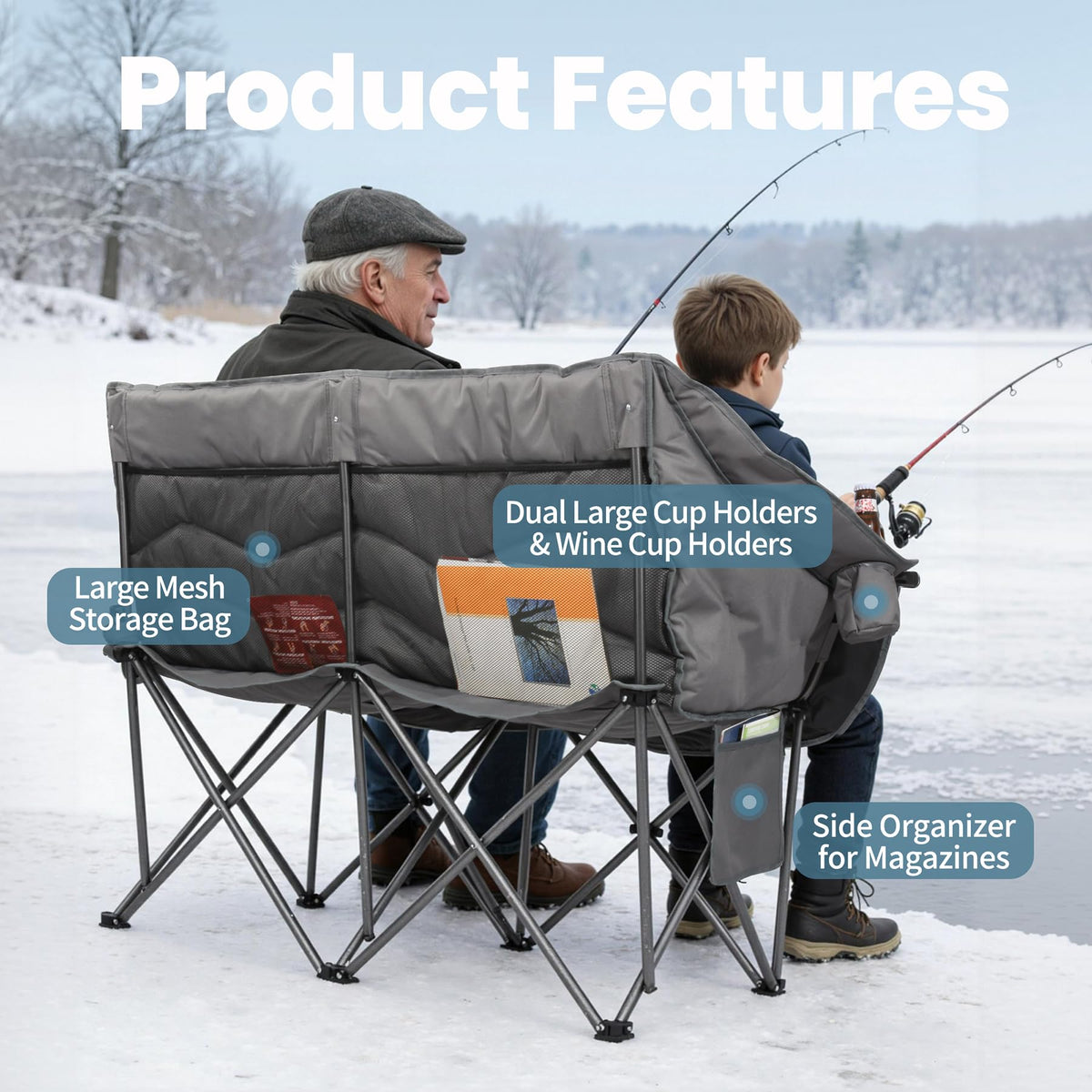 HOMECALL Oversized Double Camping Chair for Adults - Heavy Duty Folding Loveseat Support 700 lbs, Extra Wide 2 Person Camping Couch with Thick Padding, Cup Holders & Storage Bag, Blue