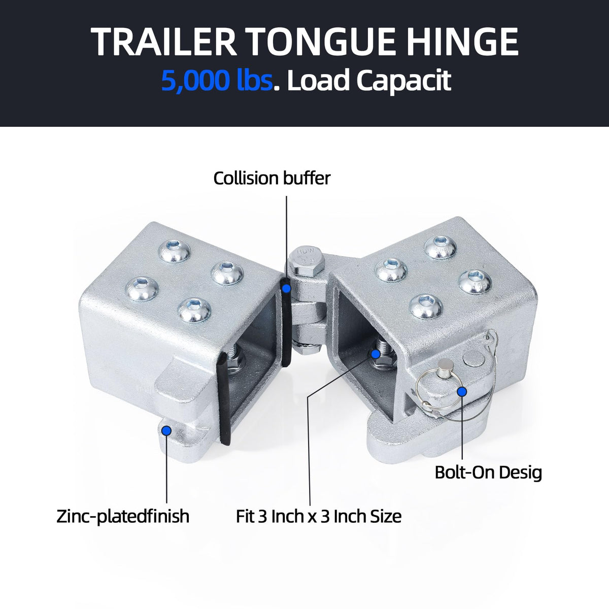 Folding Trailer Tongue Kit, 3 x 3 Inch Bolt-On Heavy Duty Tongue Hinge, 5,000 LBS Load Capacity, Trailer Tongue Hinge for RV, Utility, Boat & Cargo Trailers, Save Storage Space