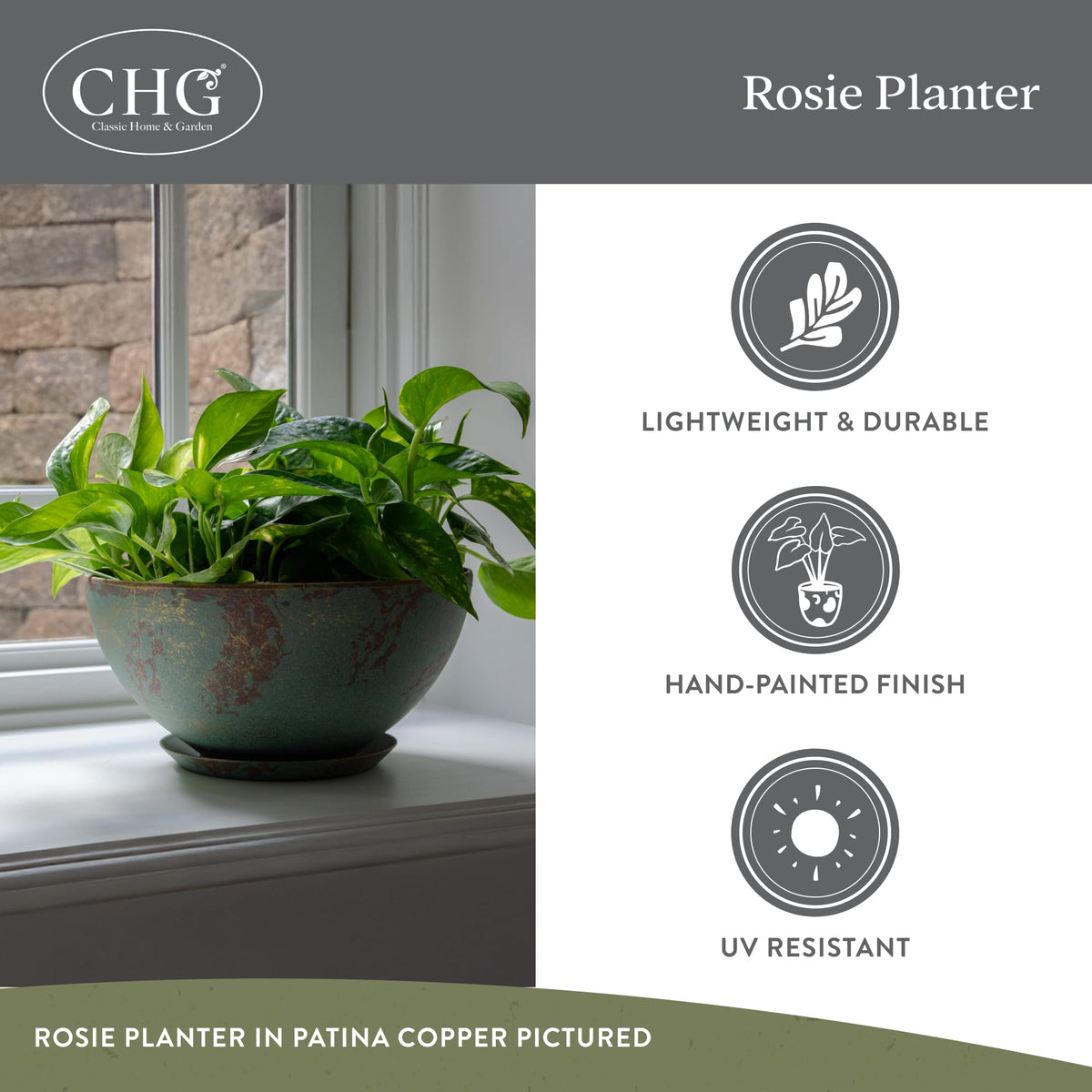 Classic Home and Garden Rosie Modern Planter w/Drainage - Contemporary Planter Bowls - Shallow Round Vases for Small Plants - Versatile Indoor & Outdoor Pots (10” Weathered Copper)