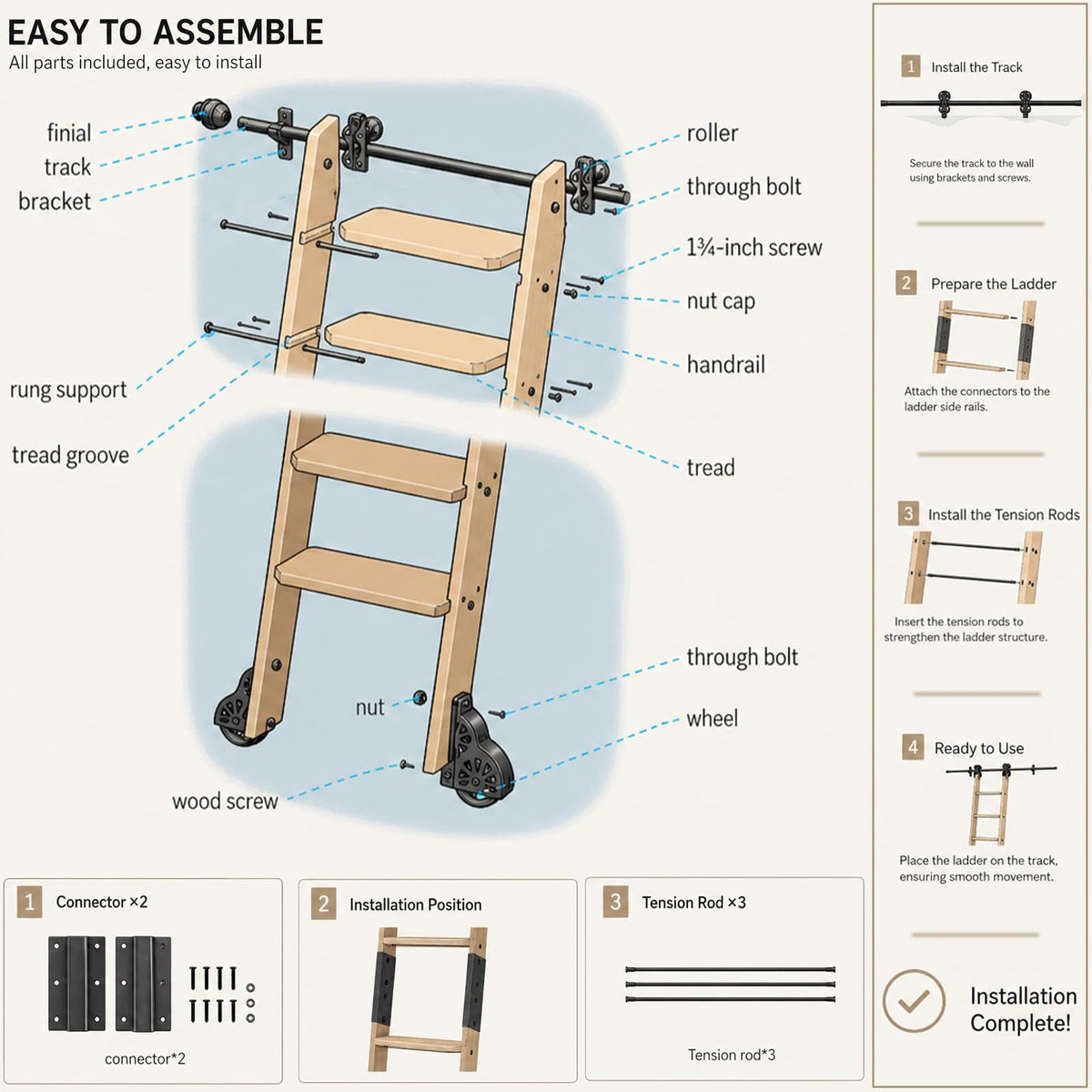 Leinuosen 95 Inch Rolling Library Ladder with 4ft Track Kit, Solid Oak Wood Ladder with Braking Wheels, Sliding Kit for Home, Bookshelf, Loft((Suitable for Installation Height 89-3/4")